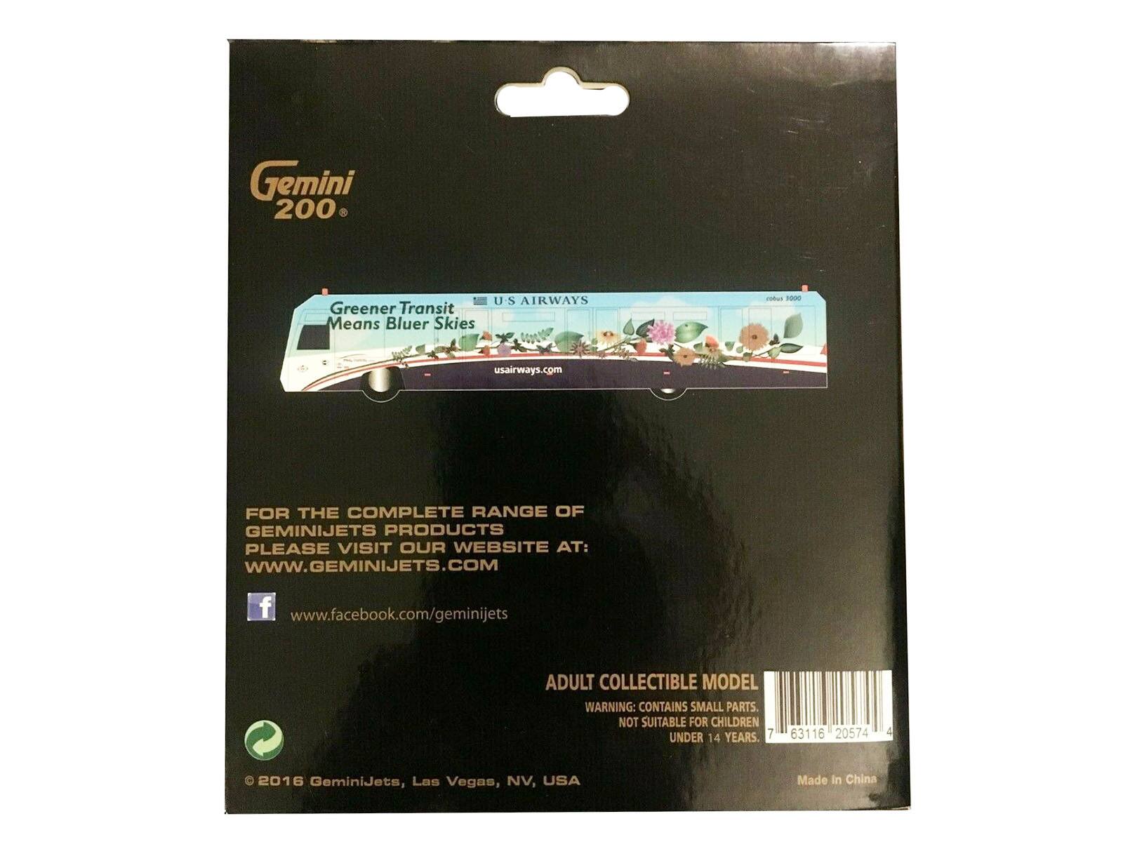 Gemini 200  
Greener Transit Means Bluer Skies  
U.S. AIRWAYS  
usaairways.com  

FOR THE COMPLETE RANGE OF GEMINIJETS PRODUCTS PLEASE VISIT OUR WEBSITE AT:  
www.GEMINIJETS.COM  
www.facebook.com/geminijets  

ADULT COLLECTIBLE MODEL  
WARNING: CONTAINS SMALL PARTS. NOT SUITABLE FOR CHILDREN UNDER 14 YEARS.  

© 2016 GeminiJets, Las Vegas, NV, USA  
Made in China