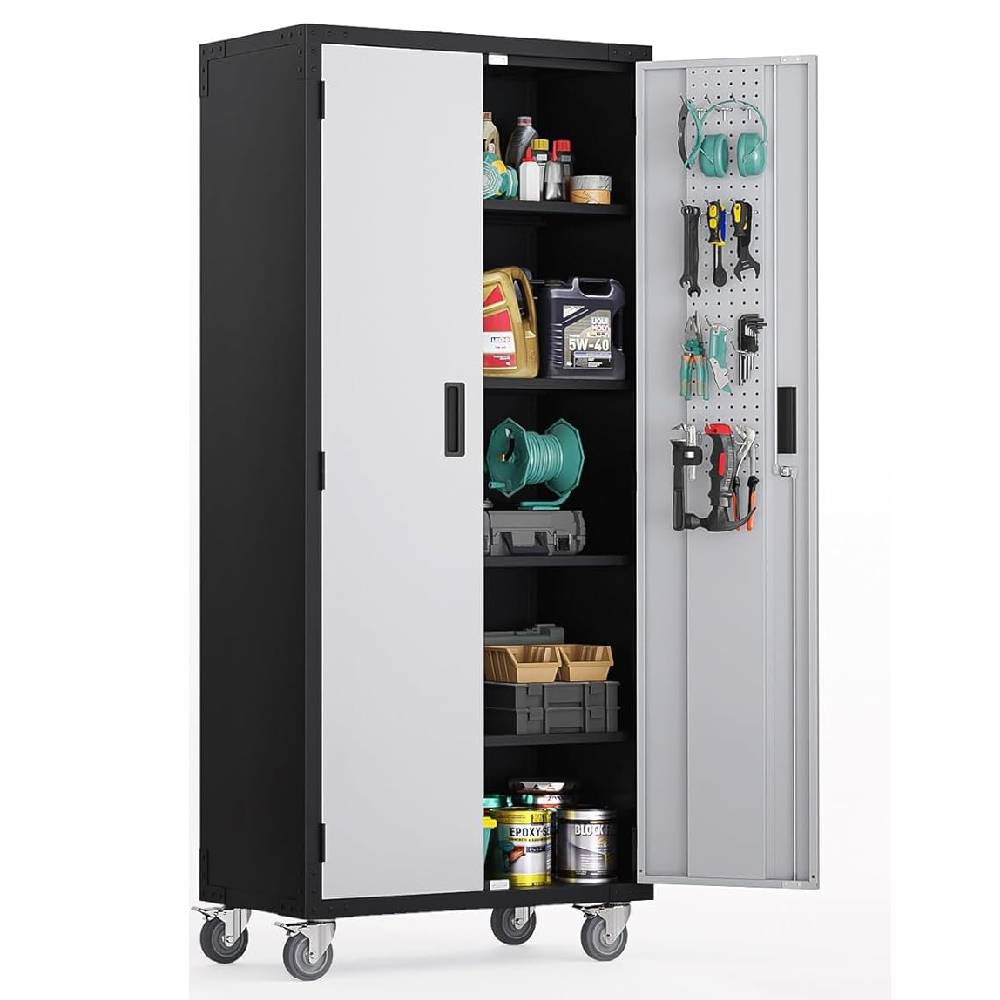 Winado - Heavy-Duty 72" Tall Garage Storage Cabinet with Pegboards & Adjustable Shelves & Locking Doors & Wheels for Garage, Home - Black/Silver
