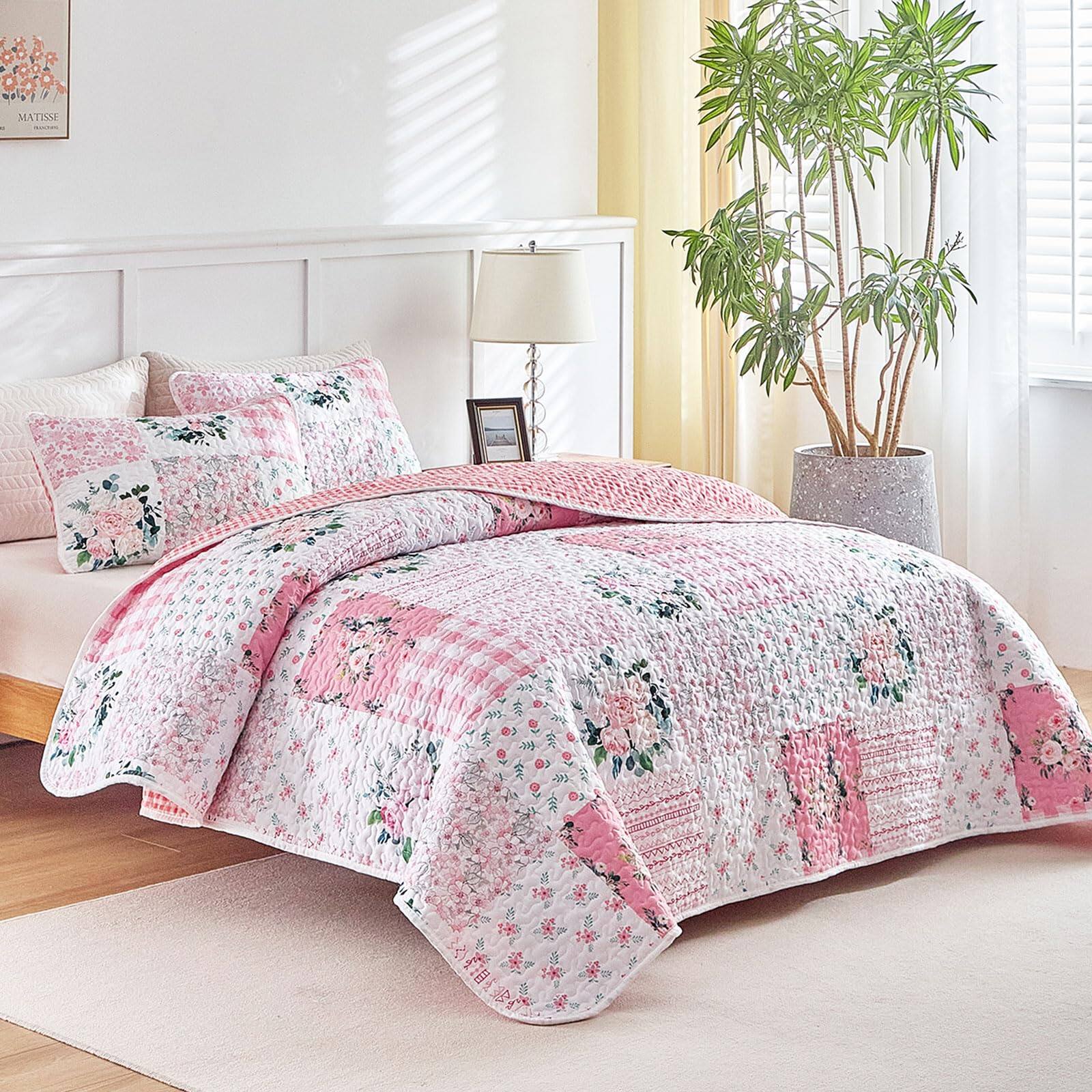Left. Stylel Star - 2 Pieces Floral Patchwork Quilt Set Pink N White Flowers Design Soft Cozy Microfiber Bedspread Bed Cover For All... - Purple-King-102"x90".