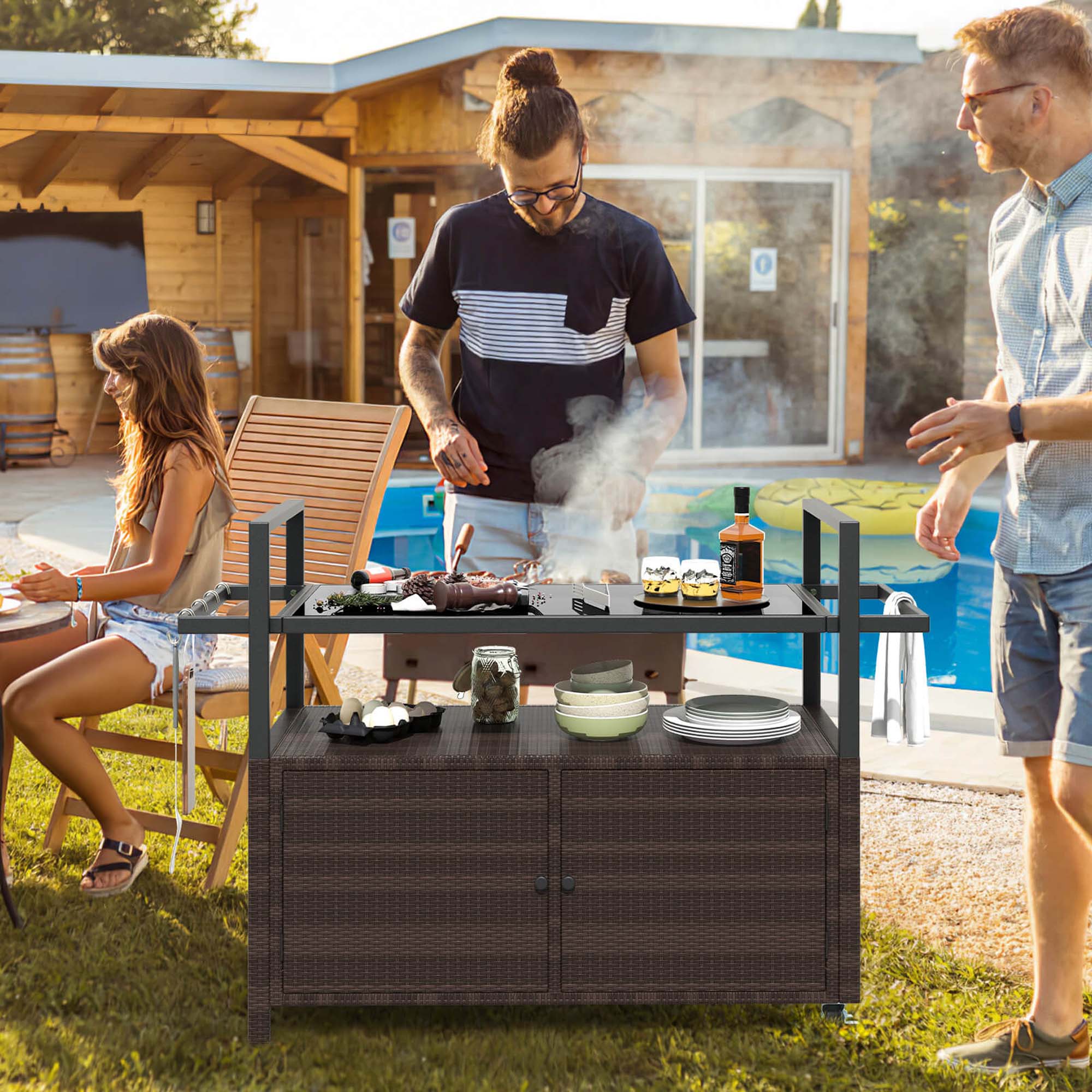 Alt View 3. Costway - Costway Outdoor Bar Cart with Tempered Glass Top Storage Cabinet & 8 Hooks for Porch - Brown.