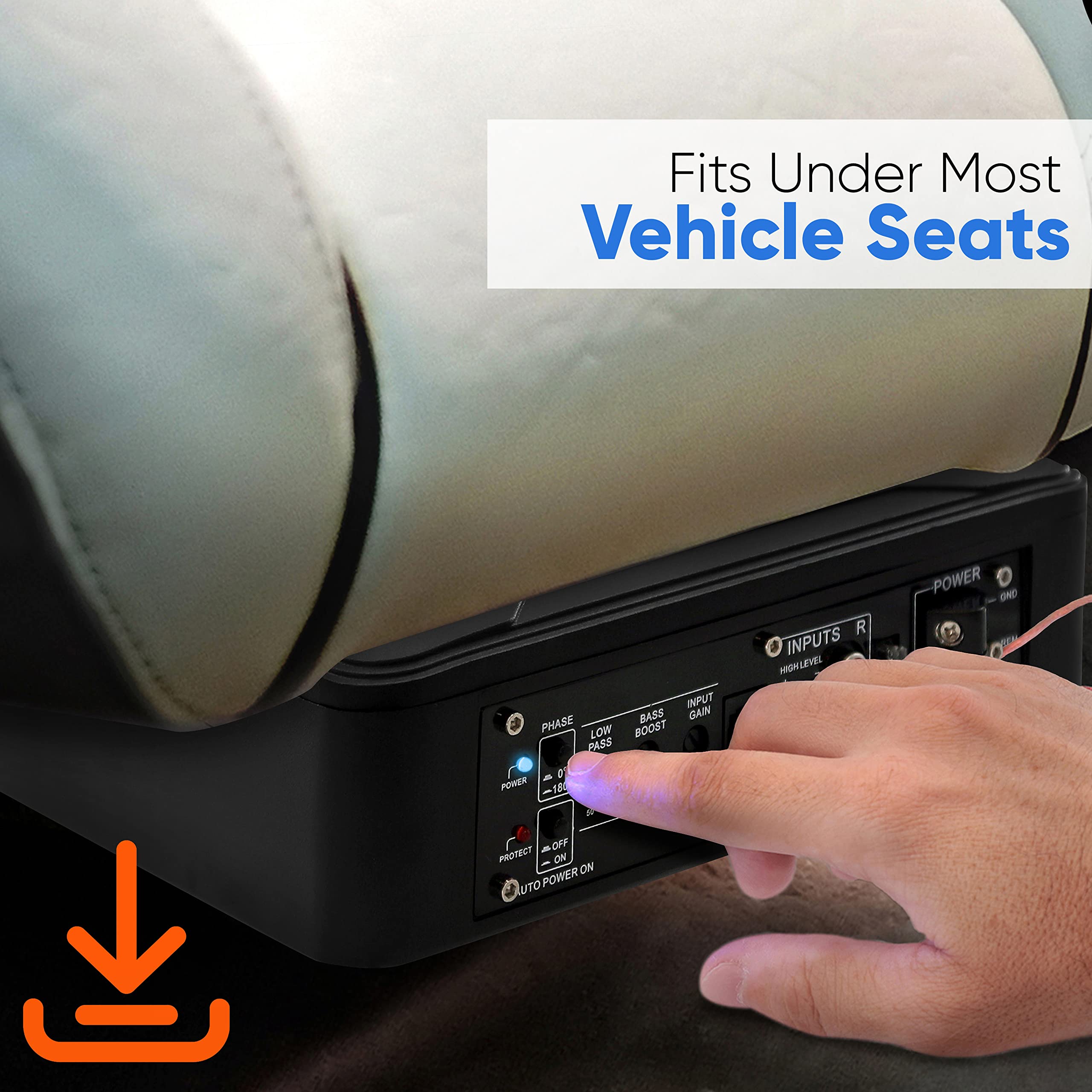 Fits Under Most Vehicle Seats

INPUT BASS GAIN PHASE LOW BOOST PASS - 5 PONER - 500 R INPUTS HHLEVEL POWER OND 1 A - CFF PROTECT ON ON UTO POWER