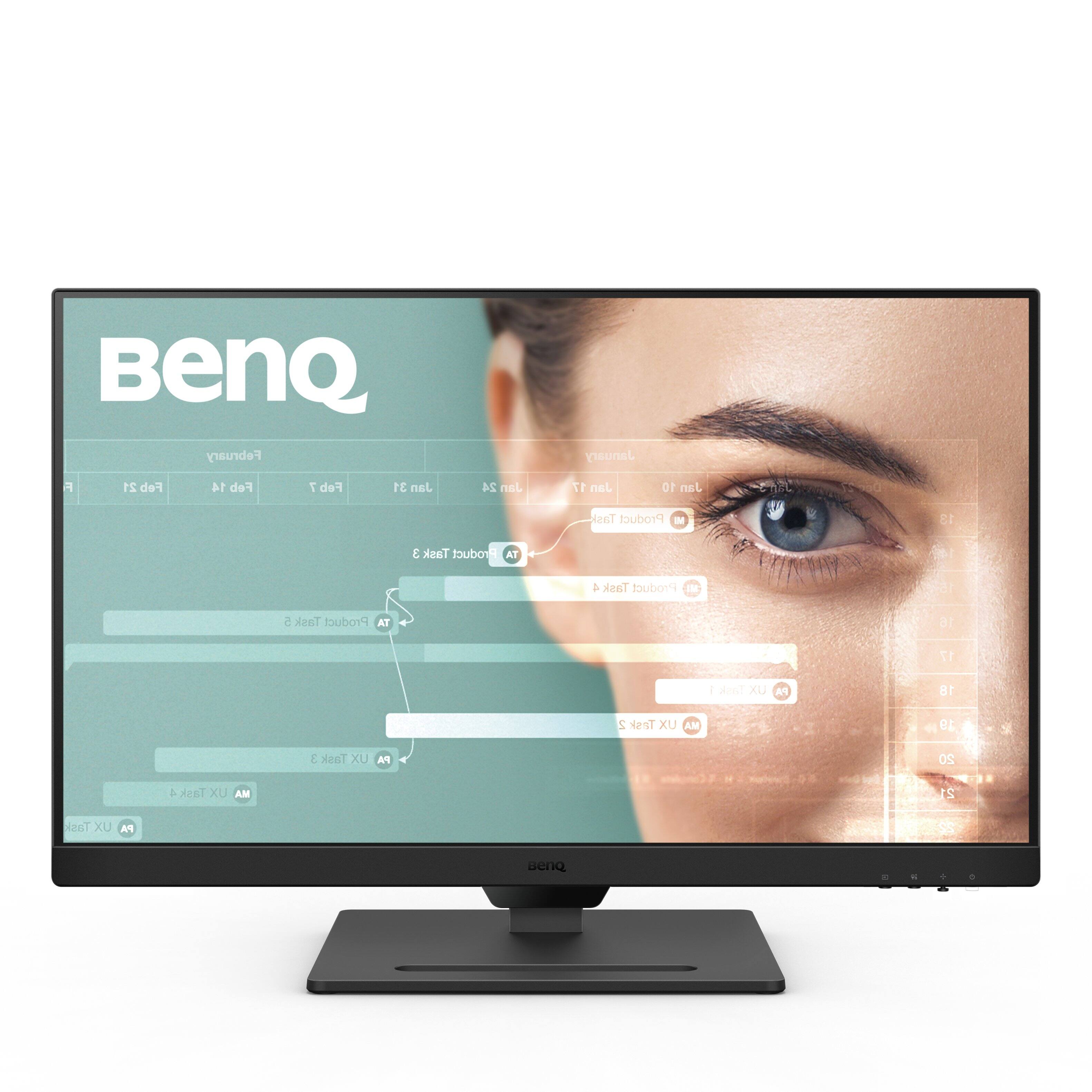 BenQ is a company that manufactures computer monitors and other electronic products. The image shows a BenQ computer monitor with a woman's face displayed on the screen. The monitor is on a stand, and the woman's face is shown in a close-up view. The image also includes a calendar, which shows the dates of February and January.