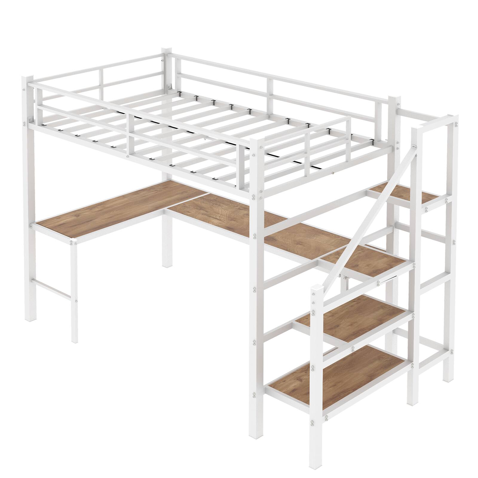 Alt View 9. Loheer - Loheer Twin Size White Iron and Wood Loft Bed with Built In Desk Space Saving Compact Frame - White.