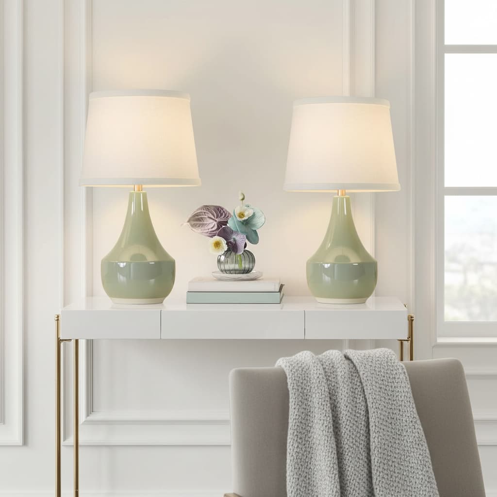 Alt View 3. FINEAK - Set of 2 18.63” Ceramic Table Lamps - Modern Nightstand Lamps with Rocker Switch & LED Bulbs (Sage Green + Cream) - Sage Green；White.