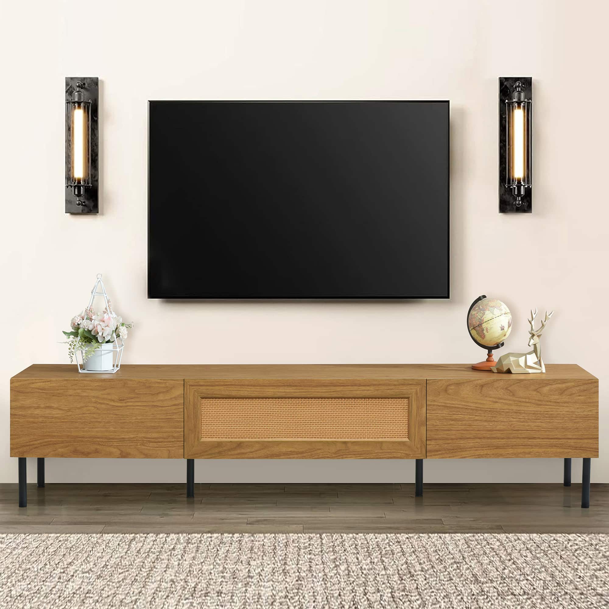 PexFix - Farmhouse TV Stand for 80" TVs, Media Console Entertainment Center with Rattan Doors & Ample Storage - Natural