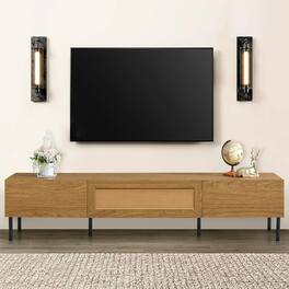PexFix - Farmhouse TV Stand for 80" TVs, Media Console Entertainment Center with Rattan Doors & Ample Storage - Natural