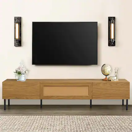 Front. PexFix - Farmhouse TV Stand for 80" TVs, Media Console Entertainment Center with Rattan Doors & Ample Storage - Natural.