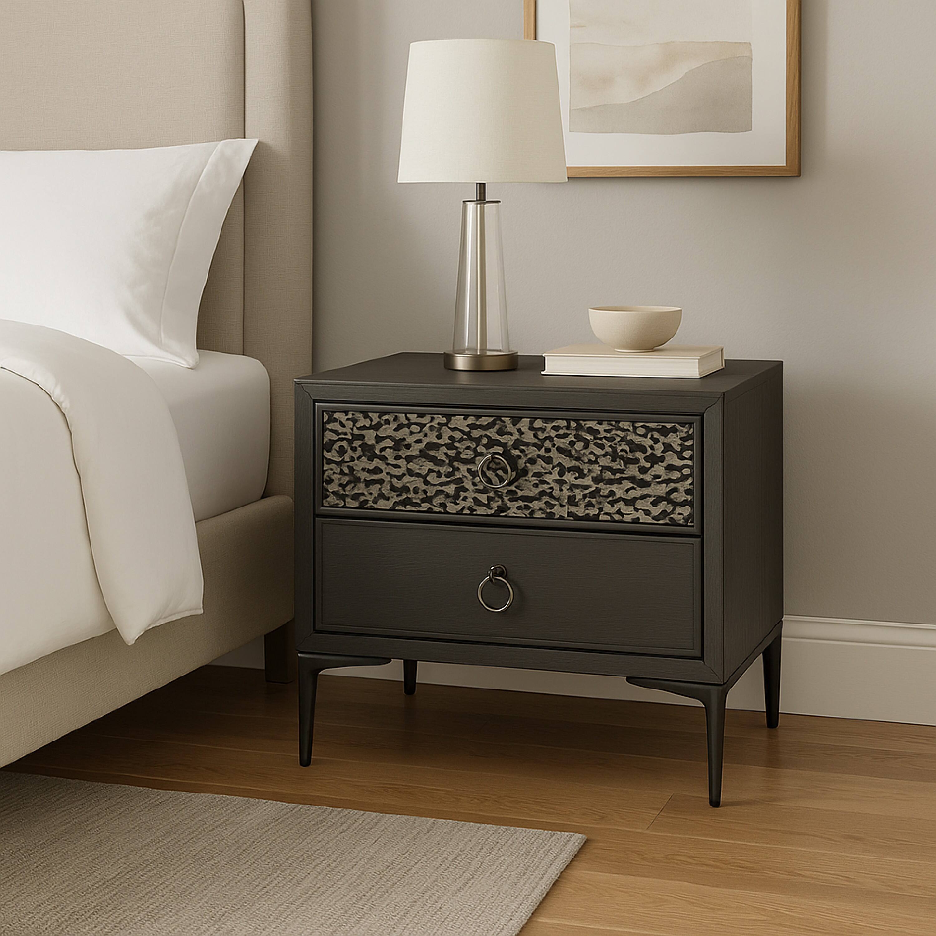 Alt View 5. Manhattan Lane - Kaira Nightstand, 2 USB Ports, Textured Metal Accents - Espresso Brown, Silver, Black.
