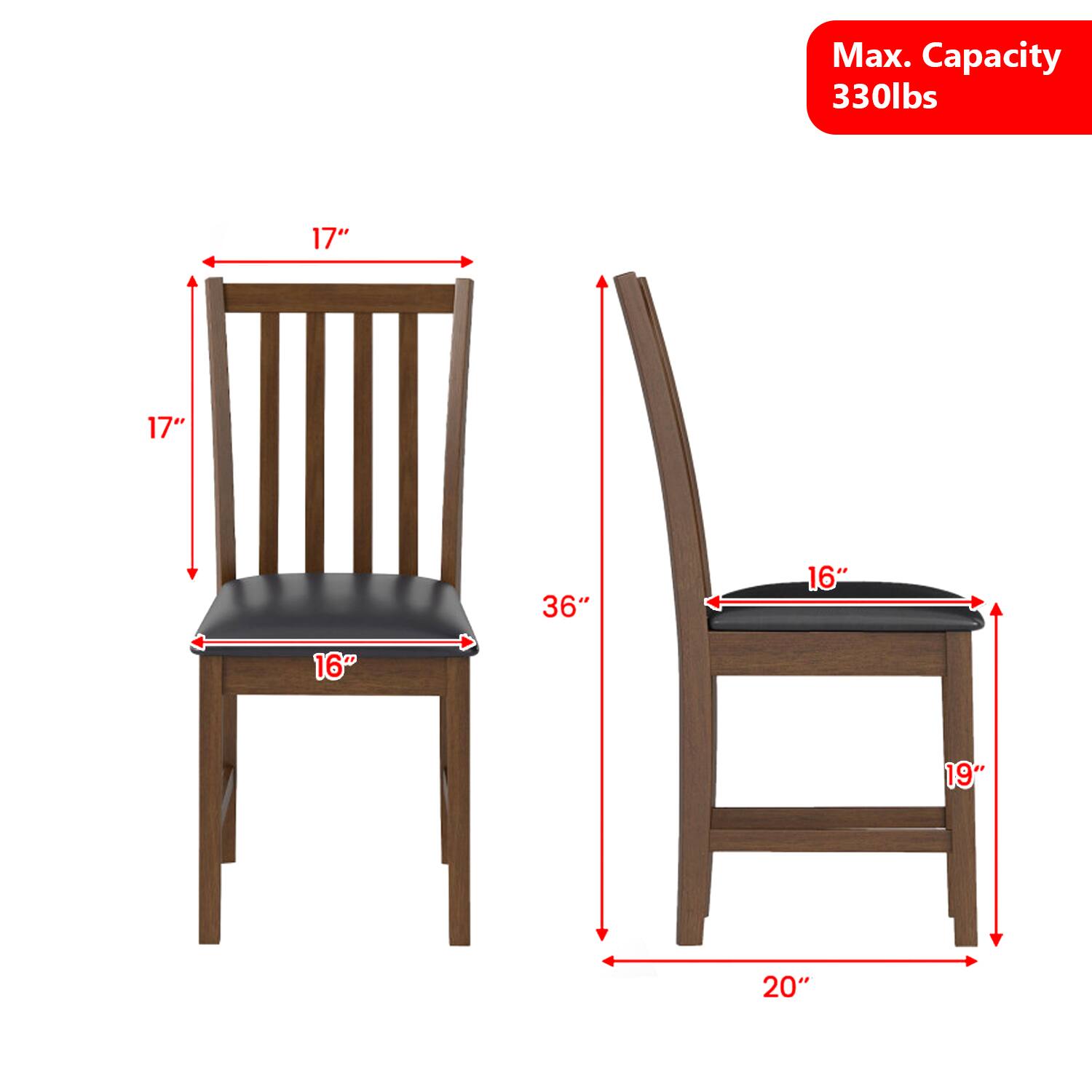 Max. Capacity 330lbs  
17" x 17" x 36" x 16" x 16" x 19" x 20"