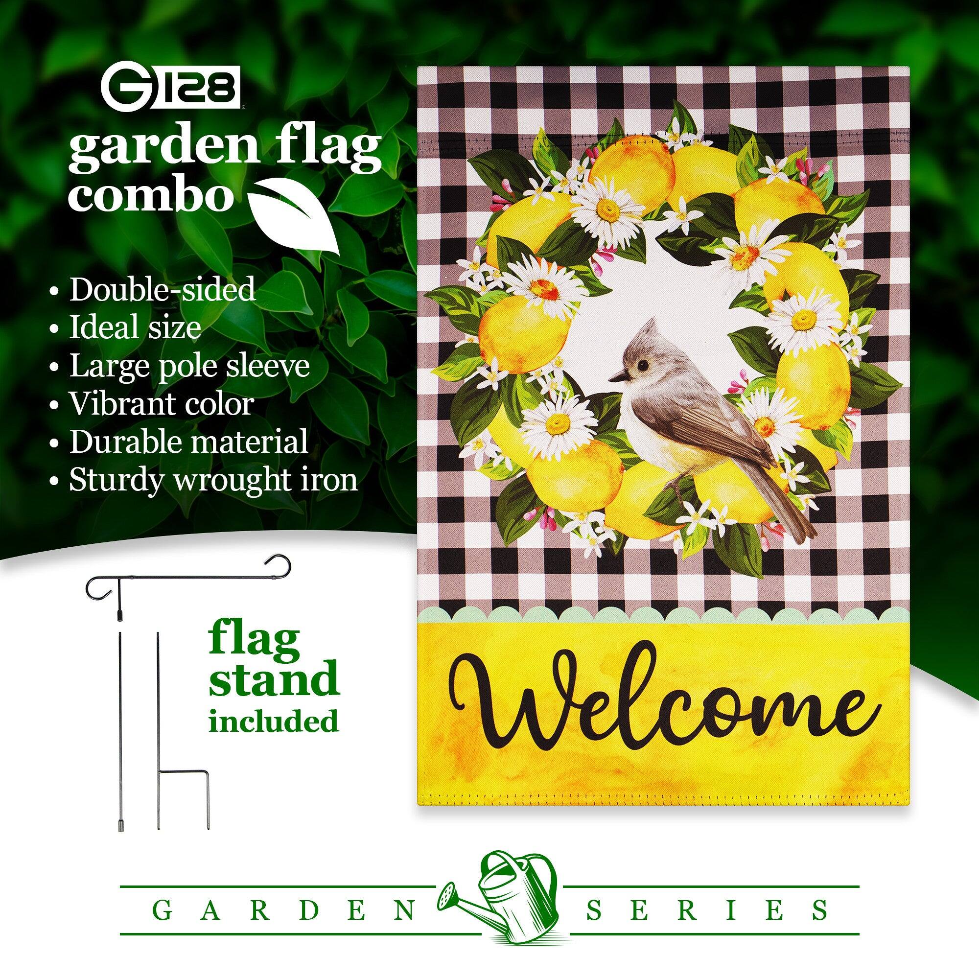 GI28 garden flag combo  
- Double-sided  
- Ideal size  
- Large pole sleeve  
- Vibrant color  
- Durable material  
- Sturdy wrought iron  
- Welcome included  

GARDEN SERIES