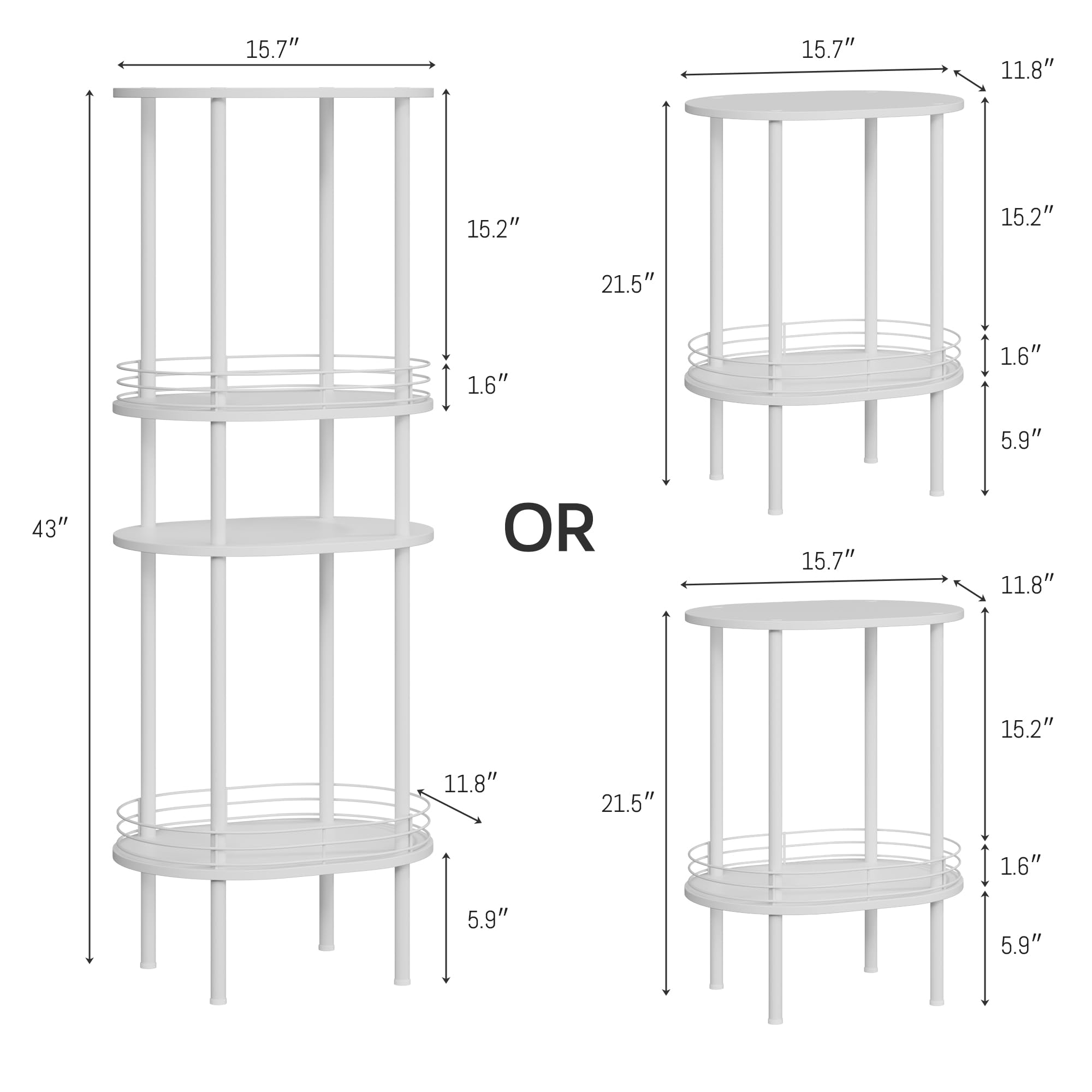 15.7" x 15.7" x 11.8" x 15.2" x 21.5" x 1.6" x 5.9" x 43" OR 15.7" x 11.8" x 15.2" x 11.8" x 21.5" x 1.6" x 5.9" x 5.9"