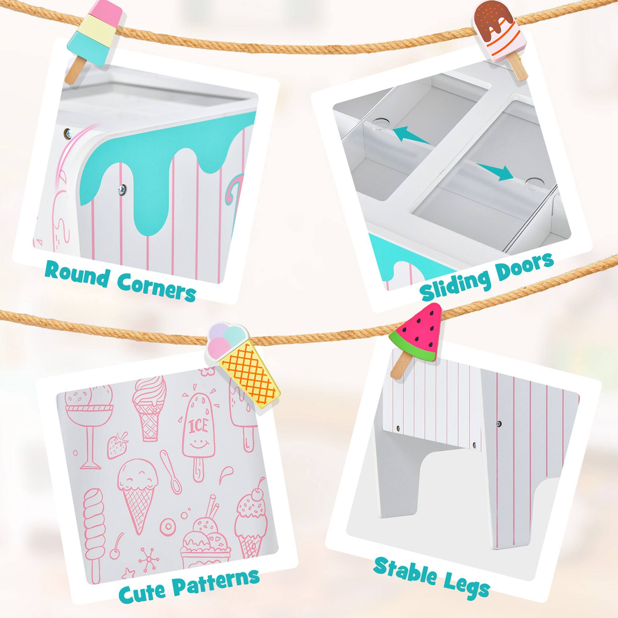 - Round Corners
- Sliding Doors
- Cute Patterns
- Stable Legs