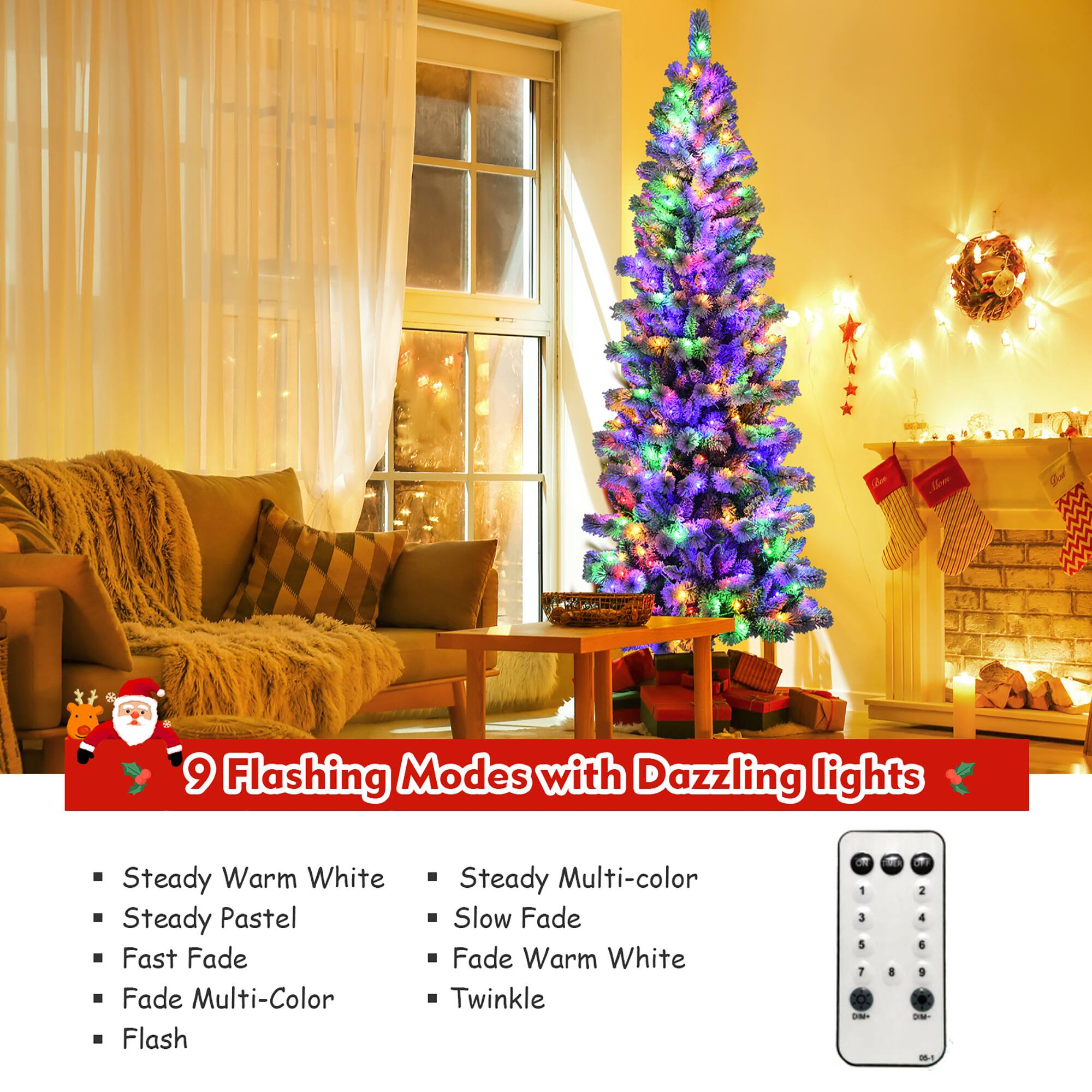 The text on the image describes a Christmas tree with 9 flashing modes, including steady warm white, steady pastel, fast fade, fade multi-color, steady multi-color, slow fade, and fade warm white. The tree is illuminated with dazzling lights, creating a festive atmosphere.