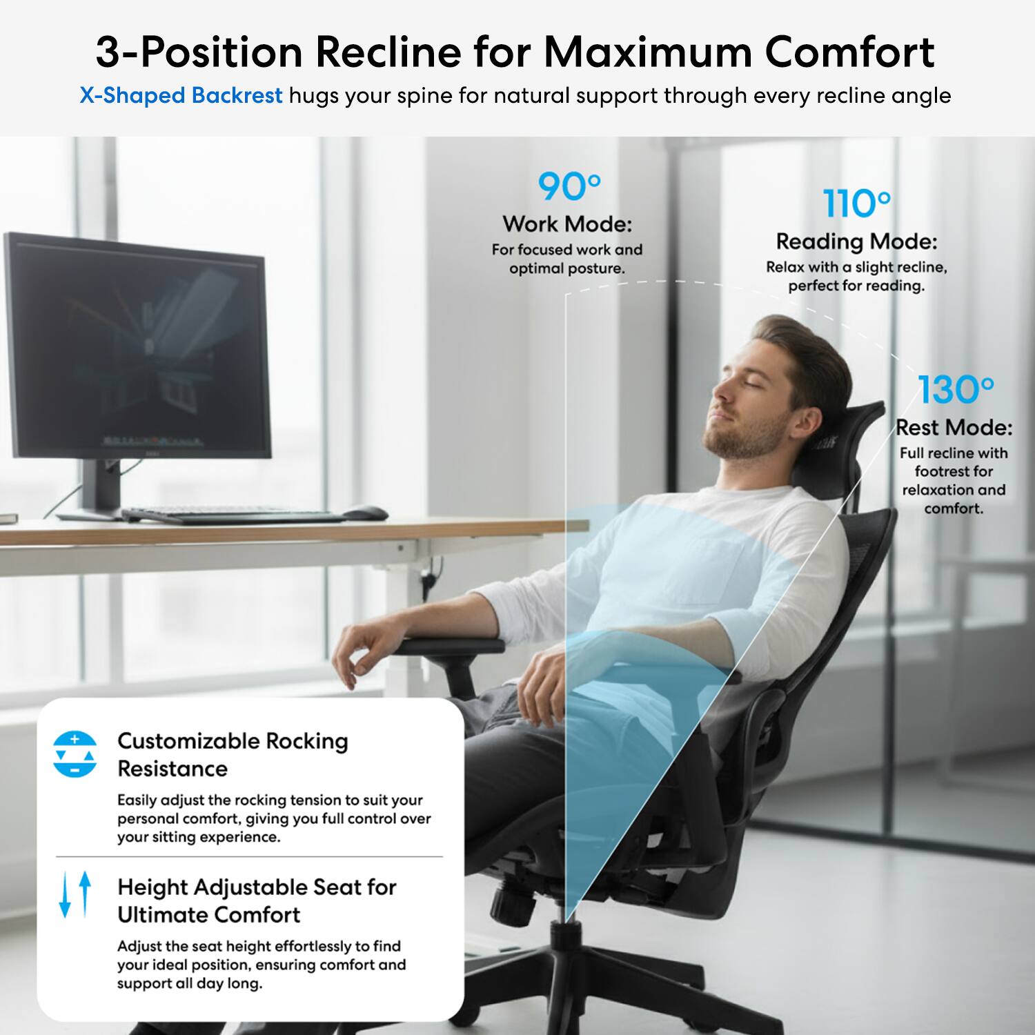 3-Position Recline for Maximum Comfort  
X-Shaped Backrest hugs your spine for natural support through every recline angle  

90° Work Mode: For focused work and optimal posture.  
110° Reading Mode: Relax with a slight recline, perfect for reading.  
130° Rest Mode: Full recline with footrest for relaxation and comfort.  

Customizable Rocking Resistance  
Easily adjust the rocking tension to suit your personal comfort, giving you full control over your sitting experience.  

Height Adjustable Seat for Ultimate Comfort  
Adjust the seat height effortlessly to find your ideal position, ensuring comfort and support all day long.