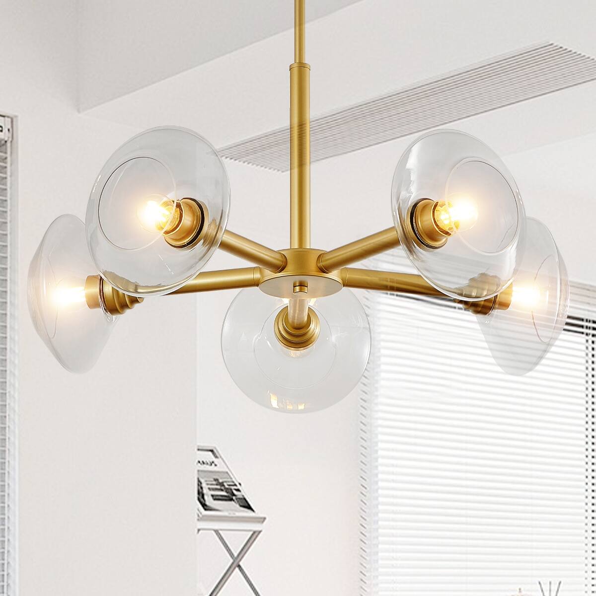 Alt View 2. Loheer - Loheer Gold Five Light Sputnik Chandelier with Clear Glass Shades, Modern Dining Room Ceiling Fixture.