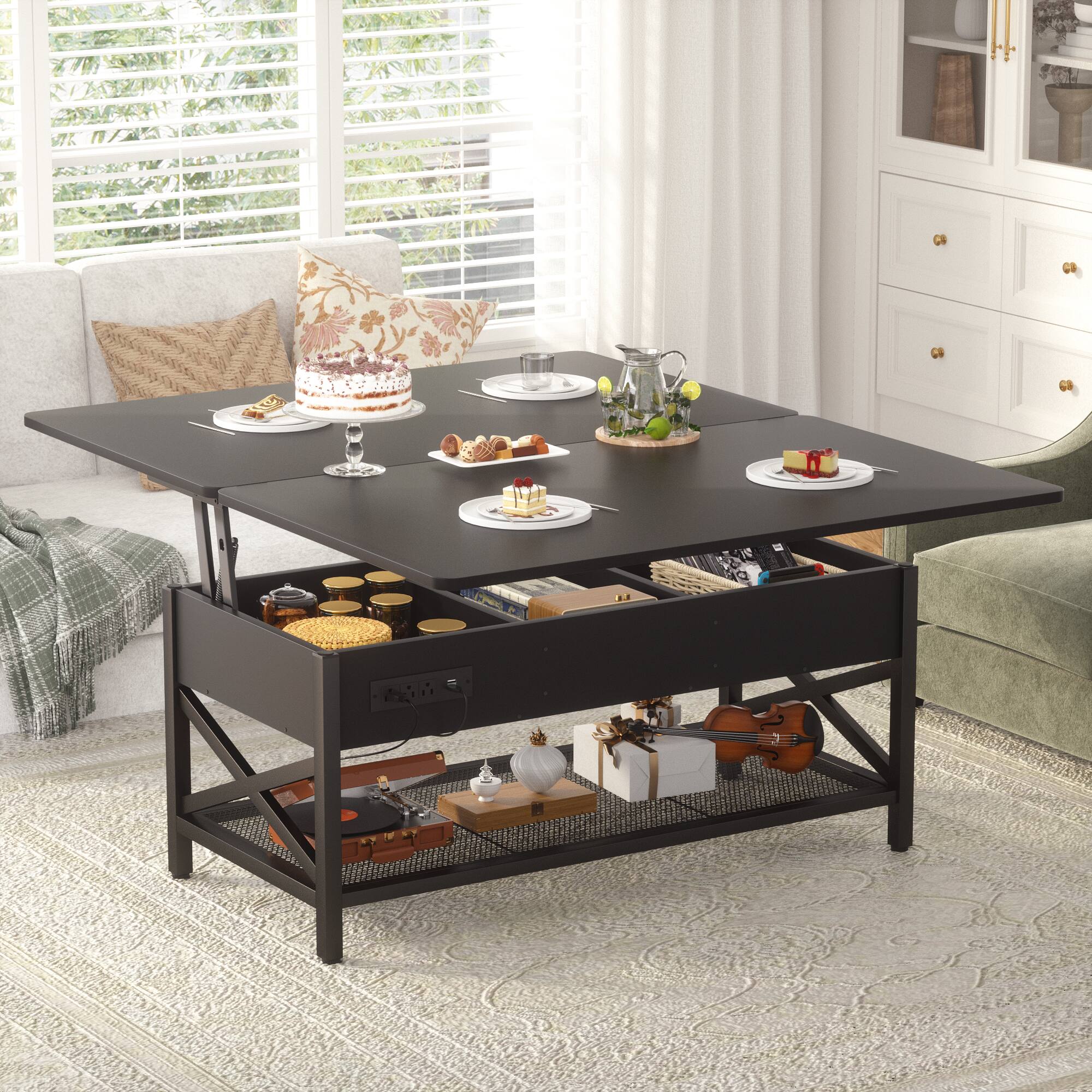 Angle. Aheaplus - Convertible Lift Top Coffee Table: LED Lights & Power Outlet, Multi-Function Center Table for Living Room - Black.