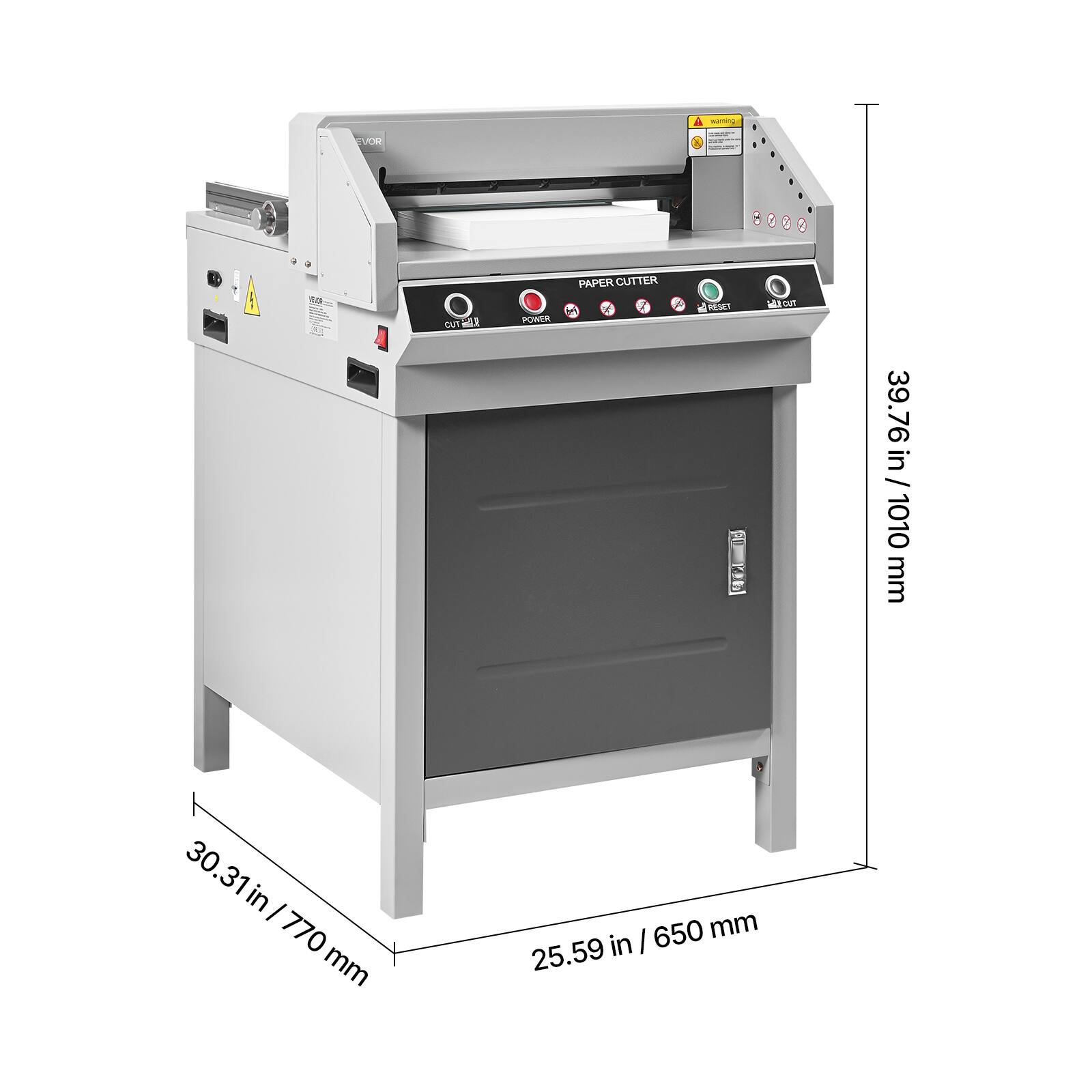 EVOR 30.31in / 770mm  
CUT  
marning i PAPER CUTTER RESET YOUT POWER  
KDO I 650 mm 25.59 in  
in 39.76 39.76 in / 1010mm mm 1010