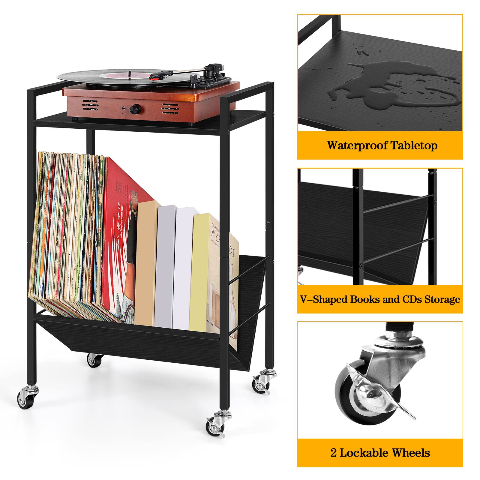 - Waterproof Tabletop
- A MO D1 V-Shaped Books and CDs Storage
- 2 Lockable Wheels