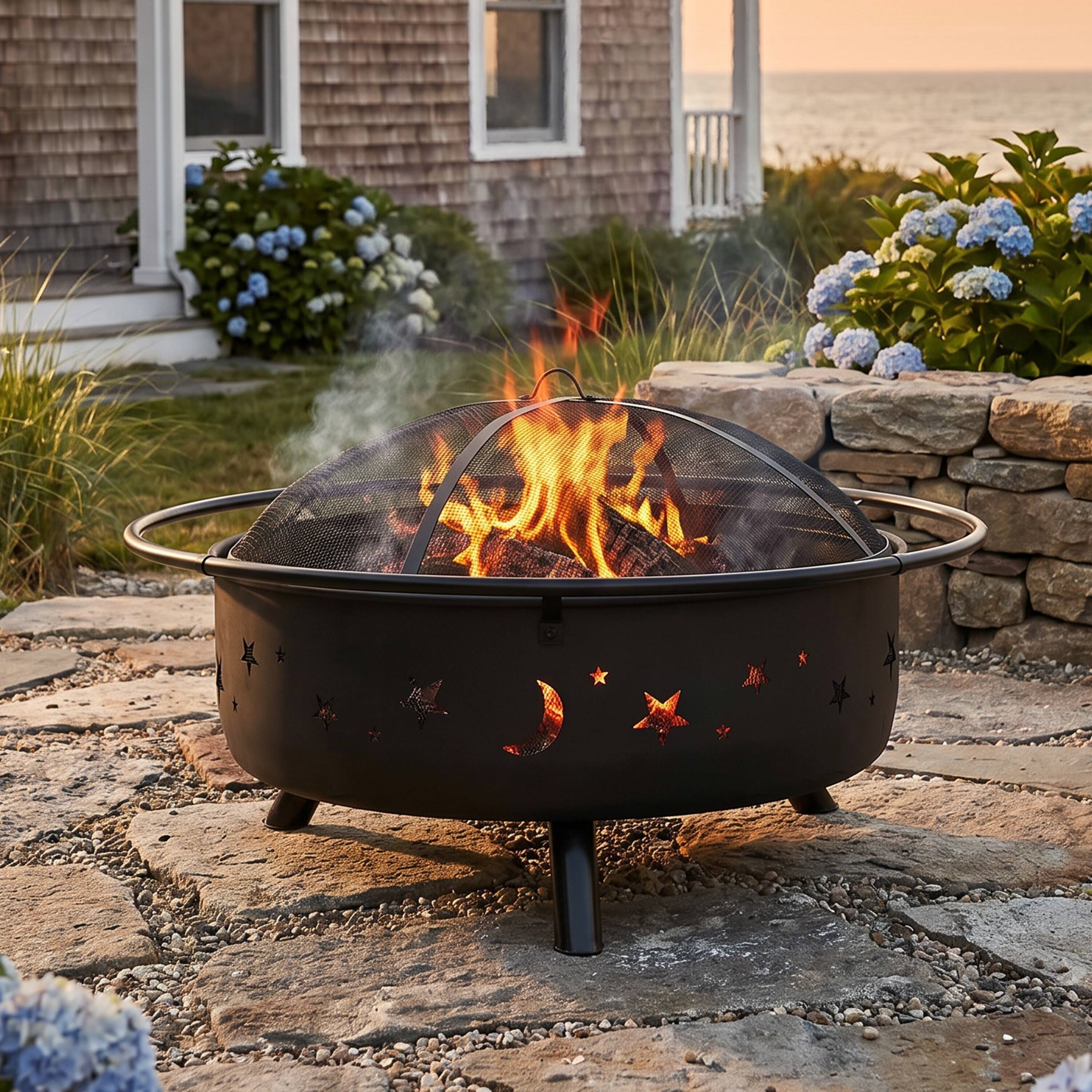 Alt View 1. Sunnydaze - 42 in Cosmic Steel Fire Pit w/Spark Screen/Poker - Black.
