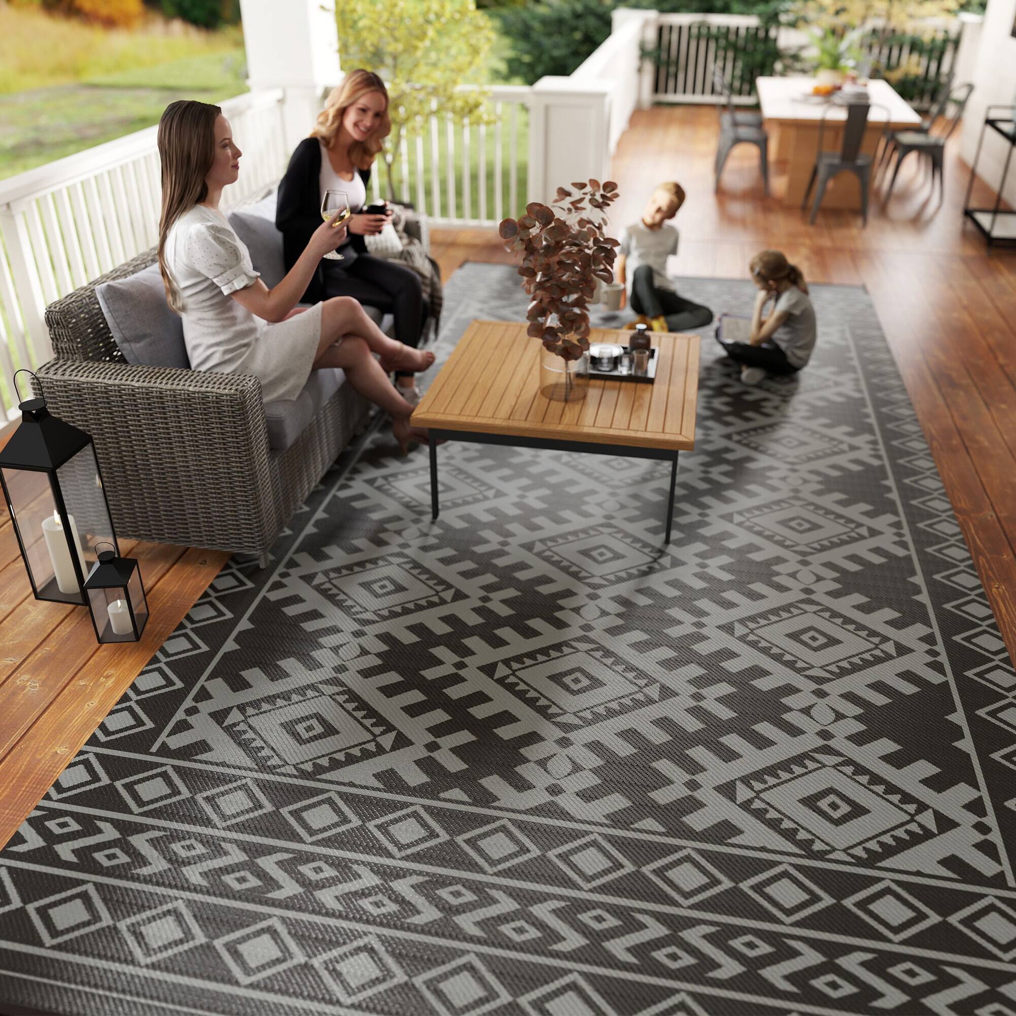 Alt View 8. Outsunny - Outdoor Rug for Patio, 9' x 18' Waterproof Large Mat, Reversible Plastic Straw Rug for Décor - Black and Gray Rhombus Border.