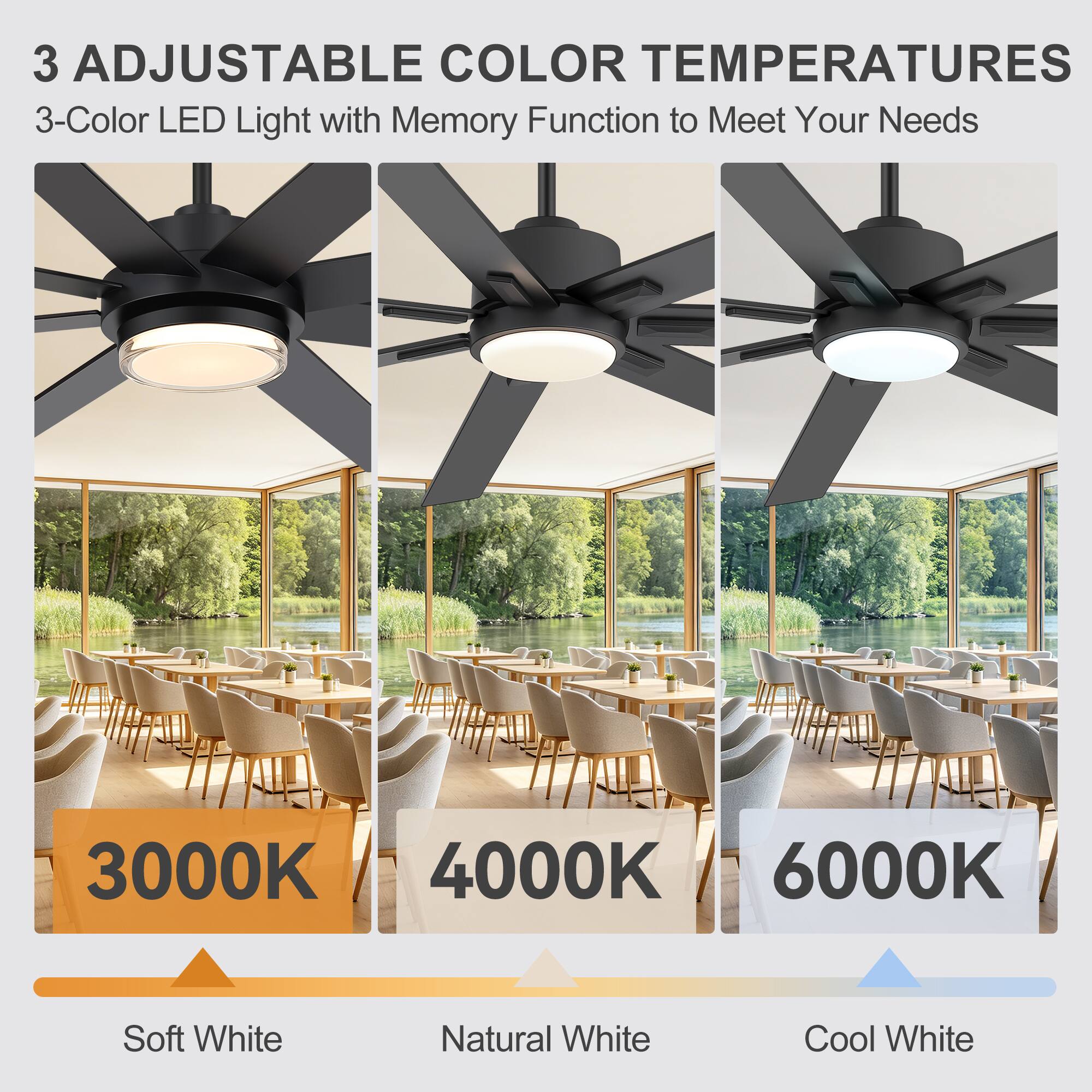 3 Adjustable Color Temperatures  
3-Color LED Light with Memory Function to Meet Your Needs  

3000K  
Soft White  

4000K  
Natural White  

6000K  
Cool White