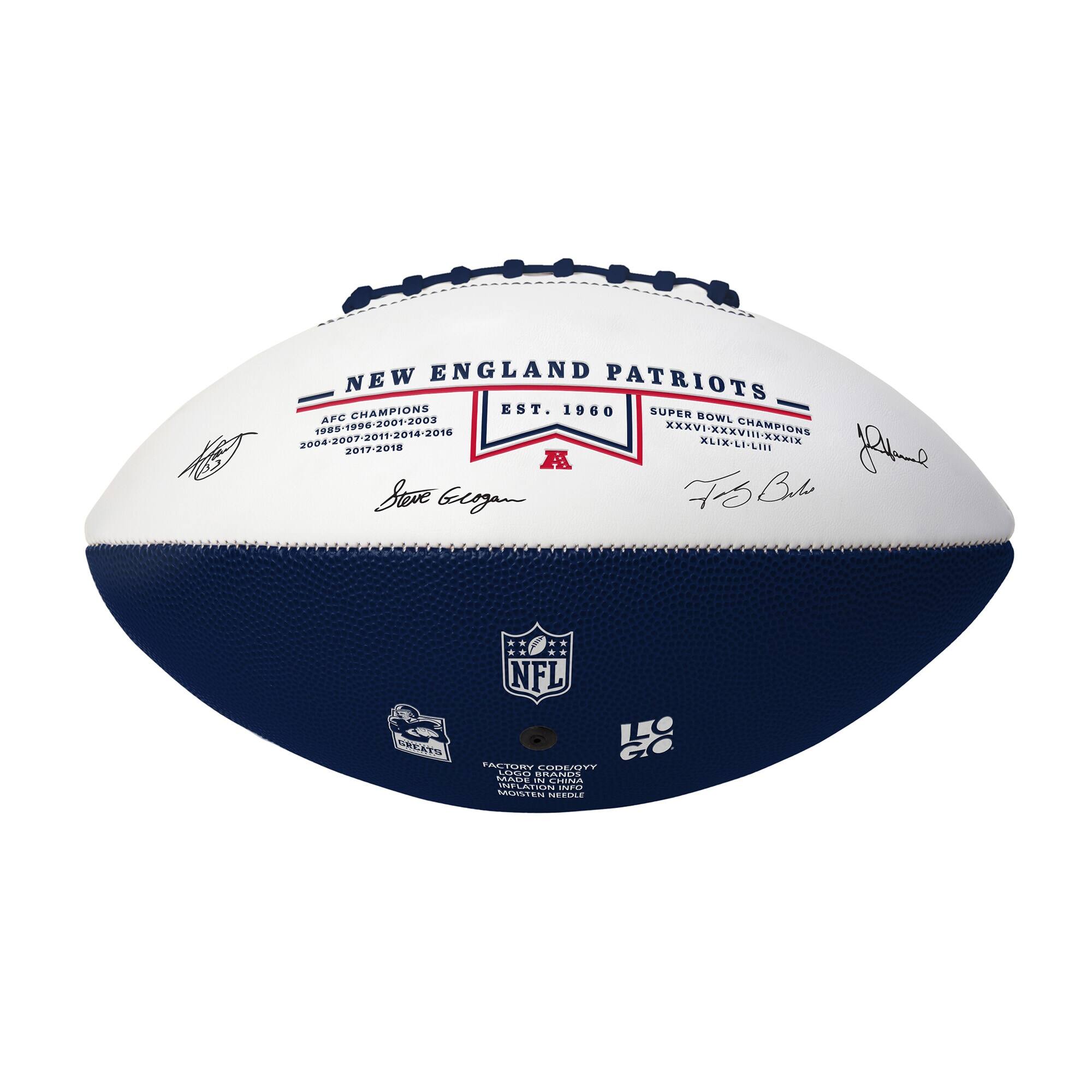 NEW ENGLAND PATRIOTS  
EST. 1960  

AFC CHAMPIONS  
1985-1996-2001-2003  
2004-2007-2011-2014-2016-2017-2018  

SUPER BOWL CHAMPIONS  
XXVI-XXXI-XXXVI-XXXVIII-XLIX-LI-LII  

Steve Belichick  
Tom Brady  

NFL  
LICENSING  
MADE IN CHINA  
MADE BY  
PRO IMAGE  
MOISTEN BEFORE USE