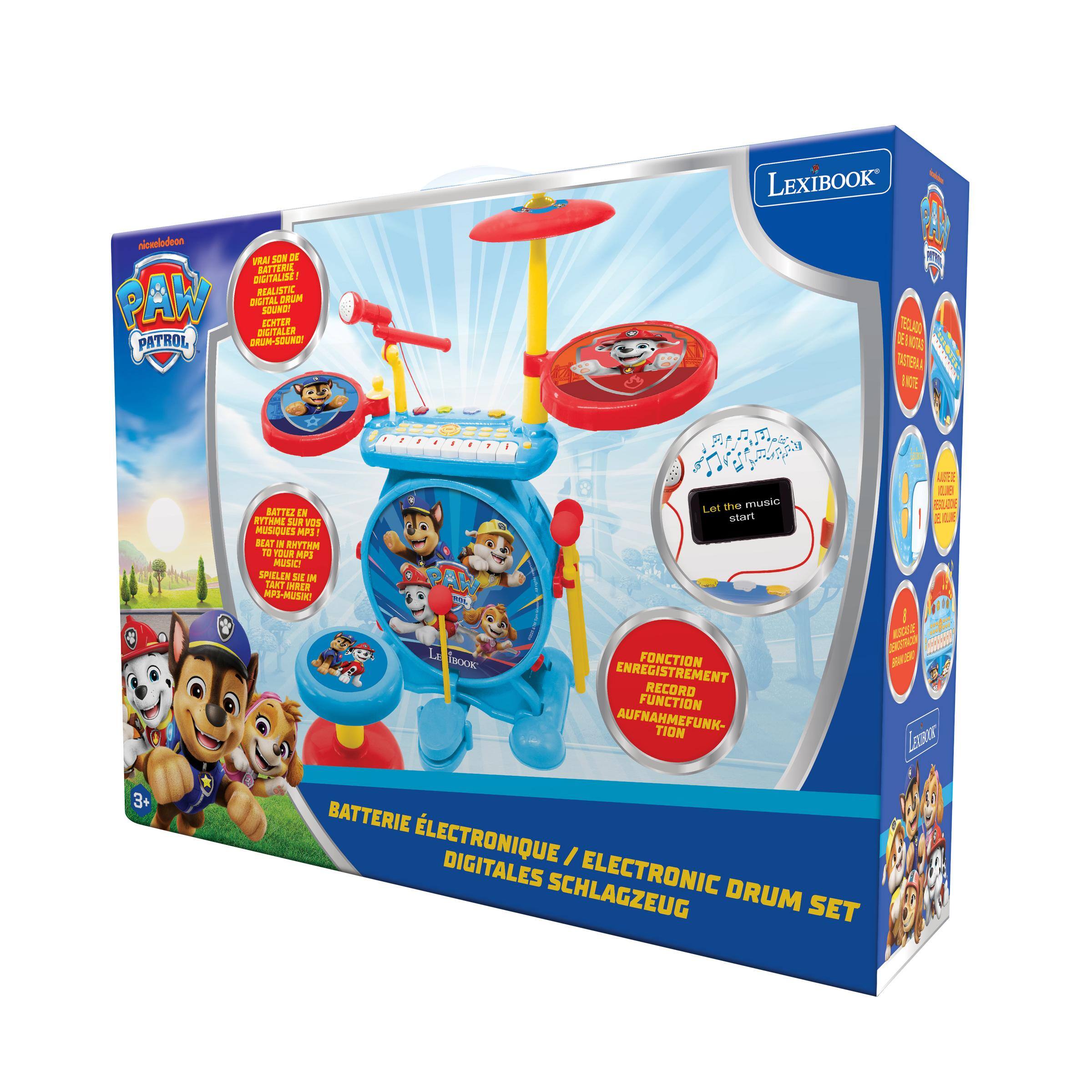 nickelodeon PAW PATROL! REALISTIC PAN DIGITAL DRUM SOUND! ECHTER DIGITALER PATROL DRUM-SOUND!

LEXIBOOK TELLADO TASTERNA INTE

3+
SEE 0.8 Let the music 208 BATTEZ EN start CLUE RYTHME SUR VOS E MUSIQUES MPS! BEAT IN WHYTHM TO YOUR MPS MUSIC! SPIELEN SIE IN TAXT IHRER MP3-MUSIK! LEKSTRACOR RESIE BOOK FONCTION BTANTENEED ENREGISTREMENT RECORD FUNCTION AUFNAHMEFUNK- TION LEYROK BATTERIE LECTRONIQUE I DIGITALES SCHLAGZEUG ELECTRONIC DRUM SET

BATTERIE ÉLECTRONIQUE / ELECTRONIC DRUM SET DIGITALES SCHLAGZEUG