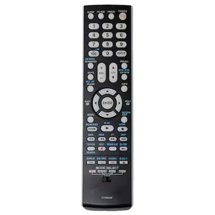 SLEEP PIC SIZE FREEZE POWER 1/0 1 2 3 4 5 6 7 +10 100 8 0 9 INPUT TOP MENU FAV BROWSER RECALL MUTE + VOL CH DVD RTN CH RTN - SET UP GUIDE INFO BACK d ENTER NEXT 2a MENU ONO CLEAR EXIT PAUSESTEP PLAY STOP 11 SKIP REW FF SKIP 14 TVIVCR REC RESUMEPLAY SLOW SEARCH I ANGLE SUB TITLE AUDIO EJECT O MODE SELECT TV CABLESAT AUX1 AUX2 CT-90302