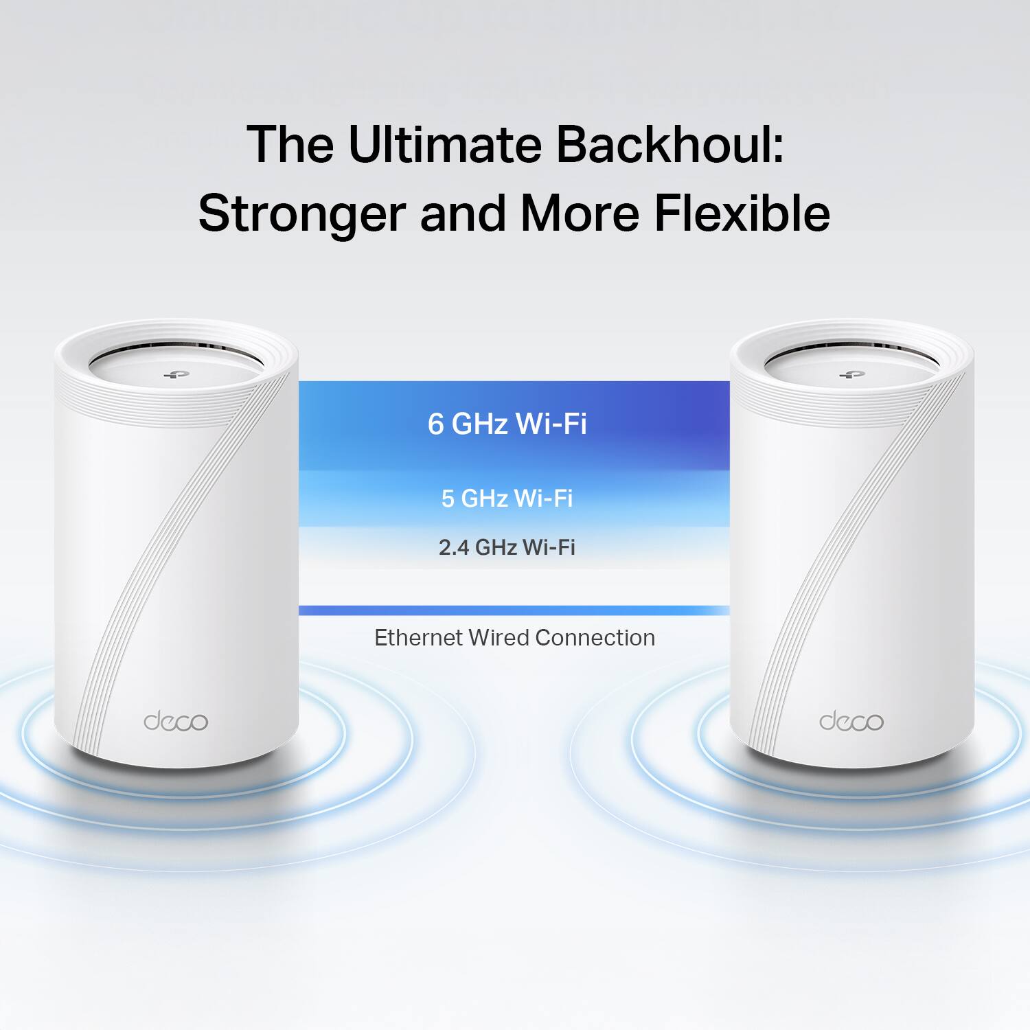 The Ultimate Backhoul: Stronger and More Flexible

6 GHz Wi-Fi  
5 GHz Wi-Fi  
2.4 GHz Wi-Fi  
Ethernet Wired Connection