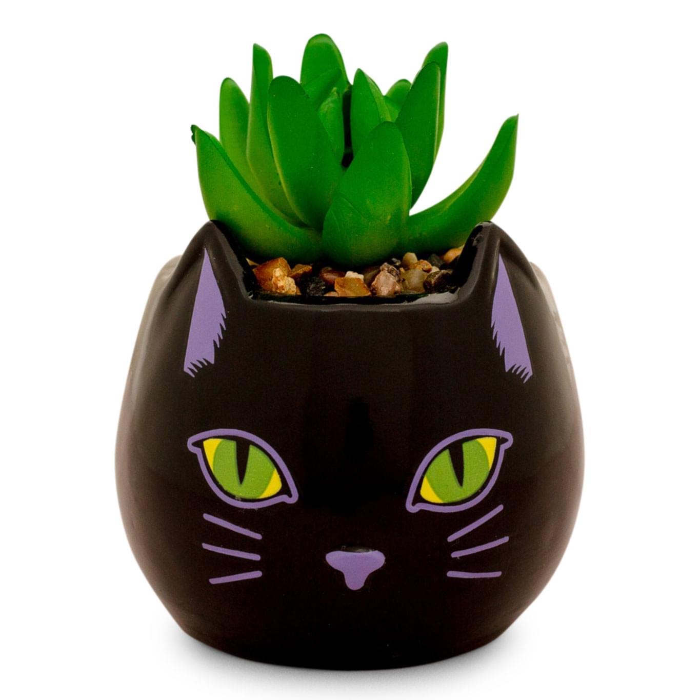 Front. Silver Buffalo - Disney Hocus Pocus "Binx Is My Boo" Ceramic Planter with Artificial Succulent - Black.