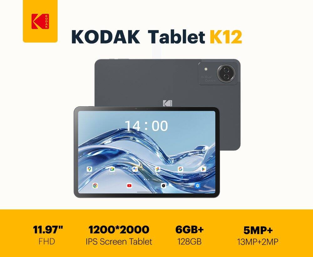KODAK Tablet K12  
11.97" FHD IPS Screen Tablet  
1200*2000  
6GB+128GB  
5MP+13MP+2MP