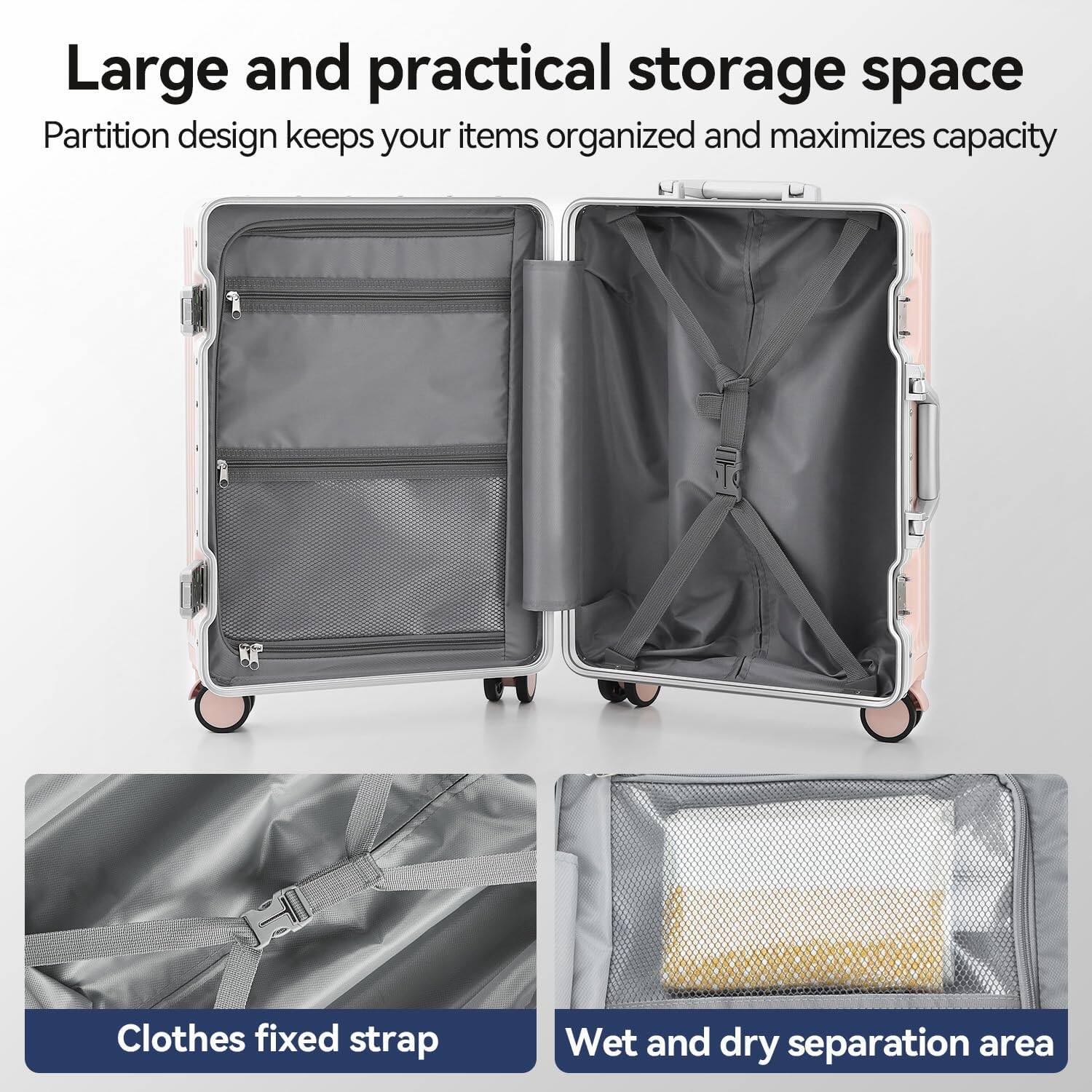 Large and practical storage space  
Partition design keeps your items organized and maximizes capacity  
Clothes fixed strap  
Wet and dry separation area