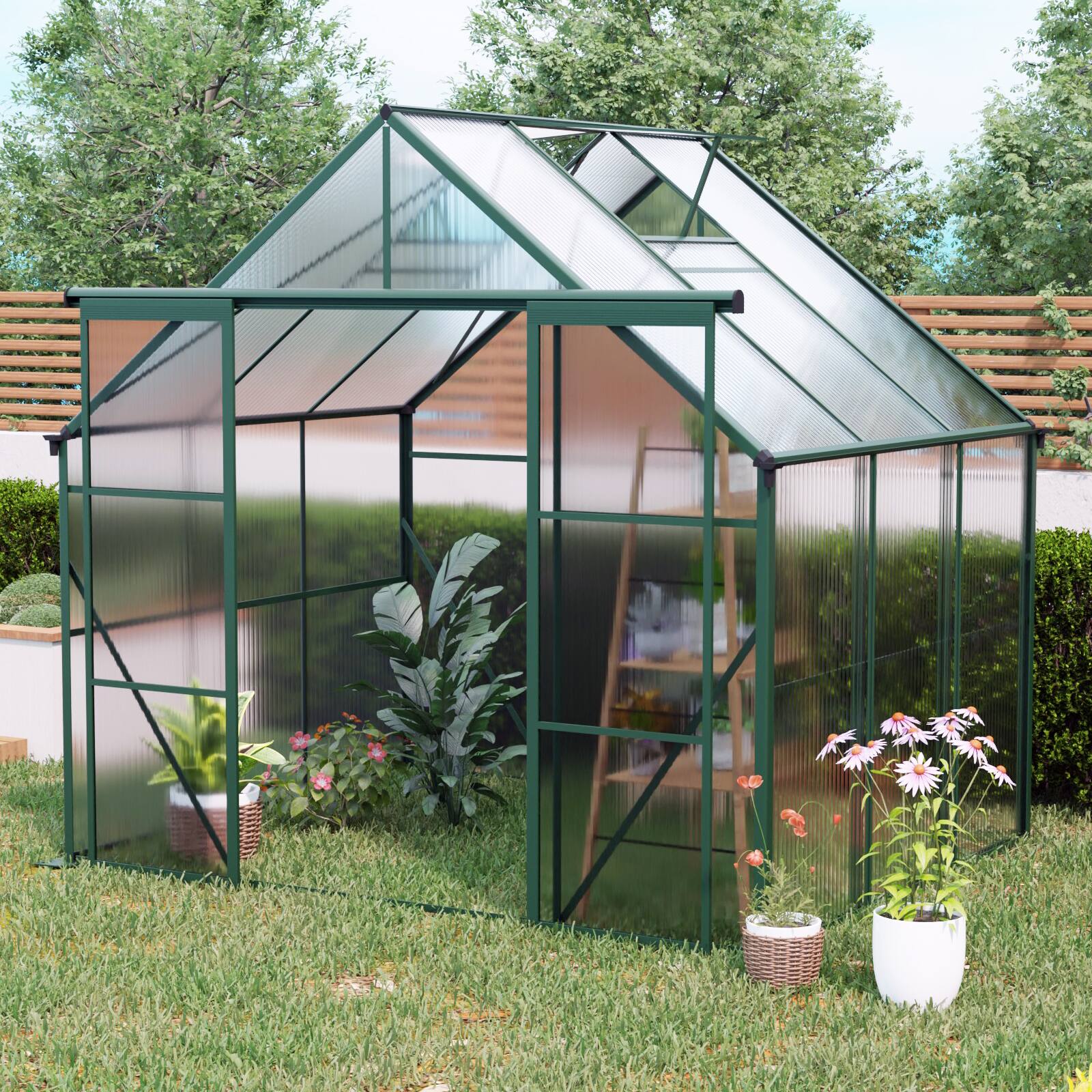 Left. Mondawe - 8X6FT Double Door Polycarbonate Greenhouse - Green.