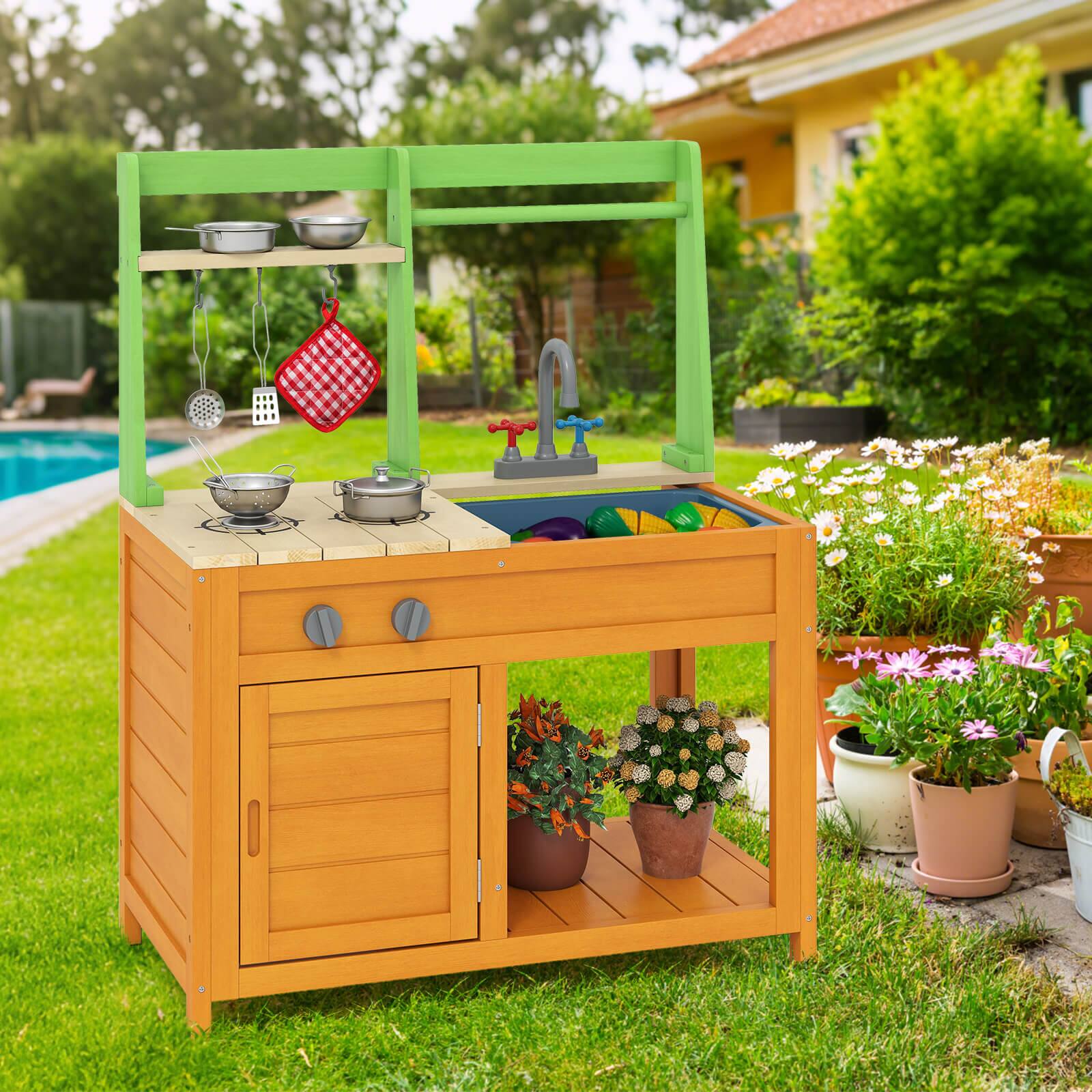 Alt View 3. Costway - Costway Mud Kitchen for Kids with Realistic Stoves Faucet Sink Oven & Cookware Accessories - Orange.