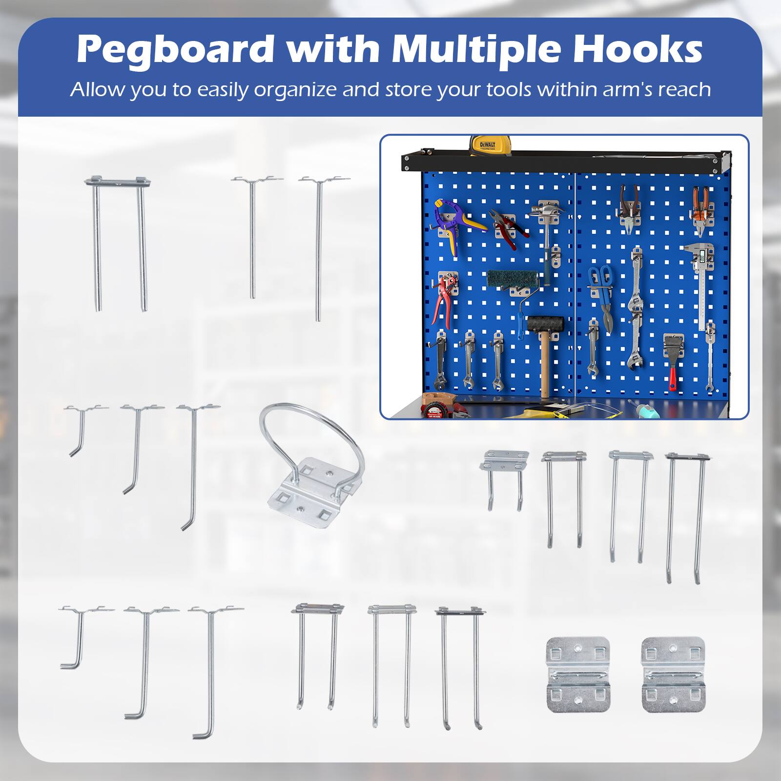 Pegboard with Multiple Hooks

Allow you to easily organize and store your tools within arm's reach