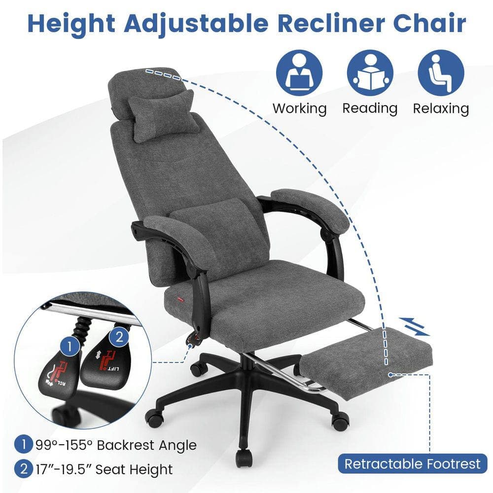 Kadyn - Reclining Office Chair - Chenille Fabric Upholstered, Computer Desk Chair - Gray