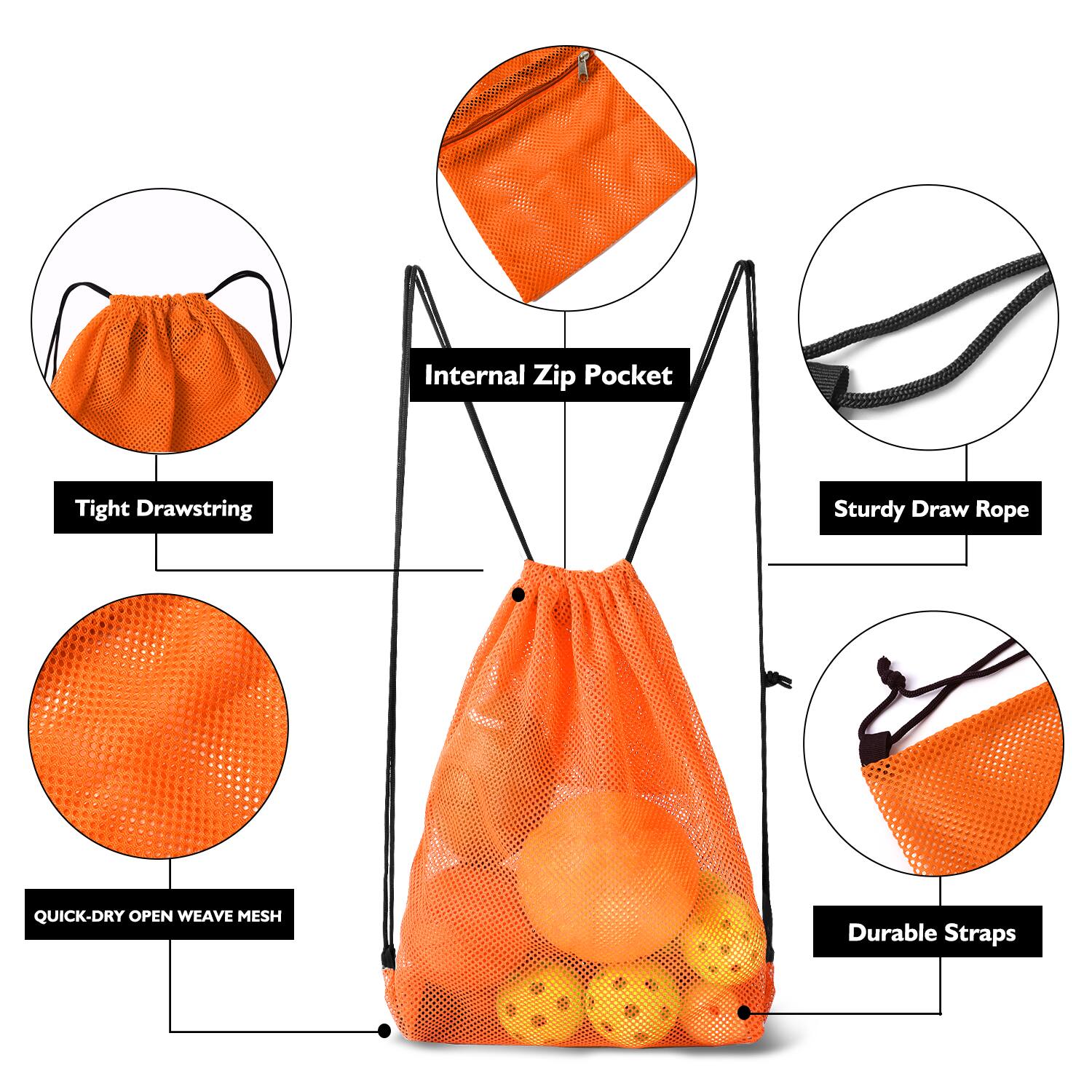 Internal Zip Pocket, Tight Drawstring, Sturdy Draw Rope, Quick-Dry Open Weave Mesh, Durable Straps