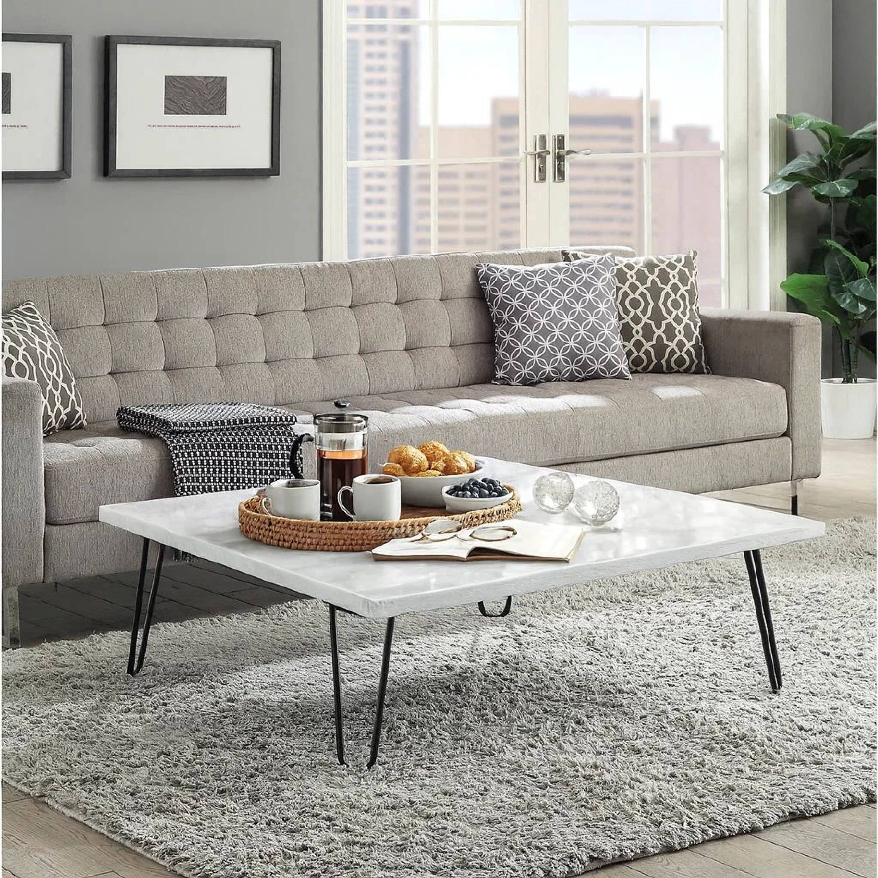 Alt View 8. Manhattan Lane - Marble Top Coffee Table with Hairpin Style Metal Legs - White, Black.
