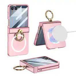 Dteck - Built-in Screen Protector Magnetic Rugged Case For Samsung Galaxy Z Flip 7 Shockproof Ring Holder Kickstand Hing Cover - Pink