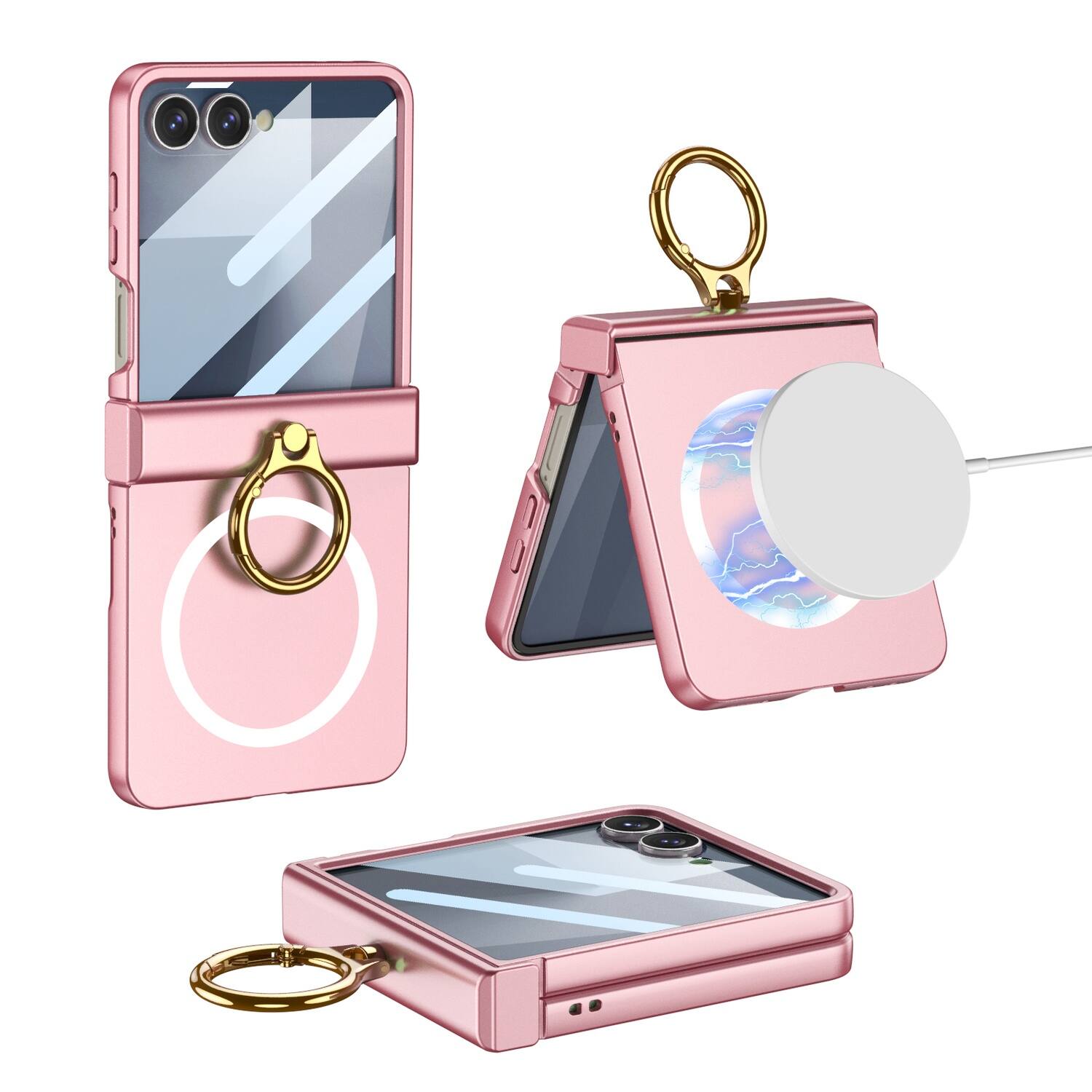 Dteck - Built-in Screen Protector Magnetic Rugged Case For Samsung Galaxy Z Flip 7 Shockproof Ring Holder Kickstand Hing Cover - Pink