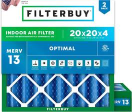 Filterbuy - 20x20x4 MERV 13 Smoke & Allergy Defense, Electrostatic Pleated HVAC AC Furnace Air Filters Replacement (2-Pack) - Blue