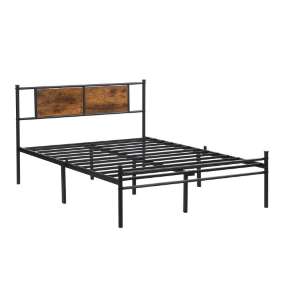 Alt View 2. LUCKY ONE - Full Size Metal Bed Frame with Wood Panel Headboard, Steel Structure, No Box Spring Needed, 10.8in Under-Bed Storage - Black+Brown.