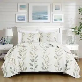 MarCielo - 3 Piece Lightweight Quilt Bedspread Set Reversible Floral Botanical - Watercolor Leaf