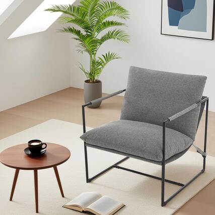 Front. Babevy - Modern Sling Accent Chair with Metal Frame, Upholstered Oversized Armchair with Shredded Foam Cushion for Living Room - Linen | Light Gray.