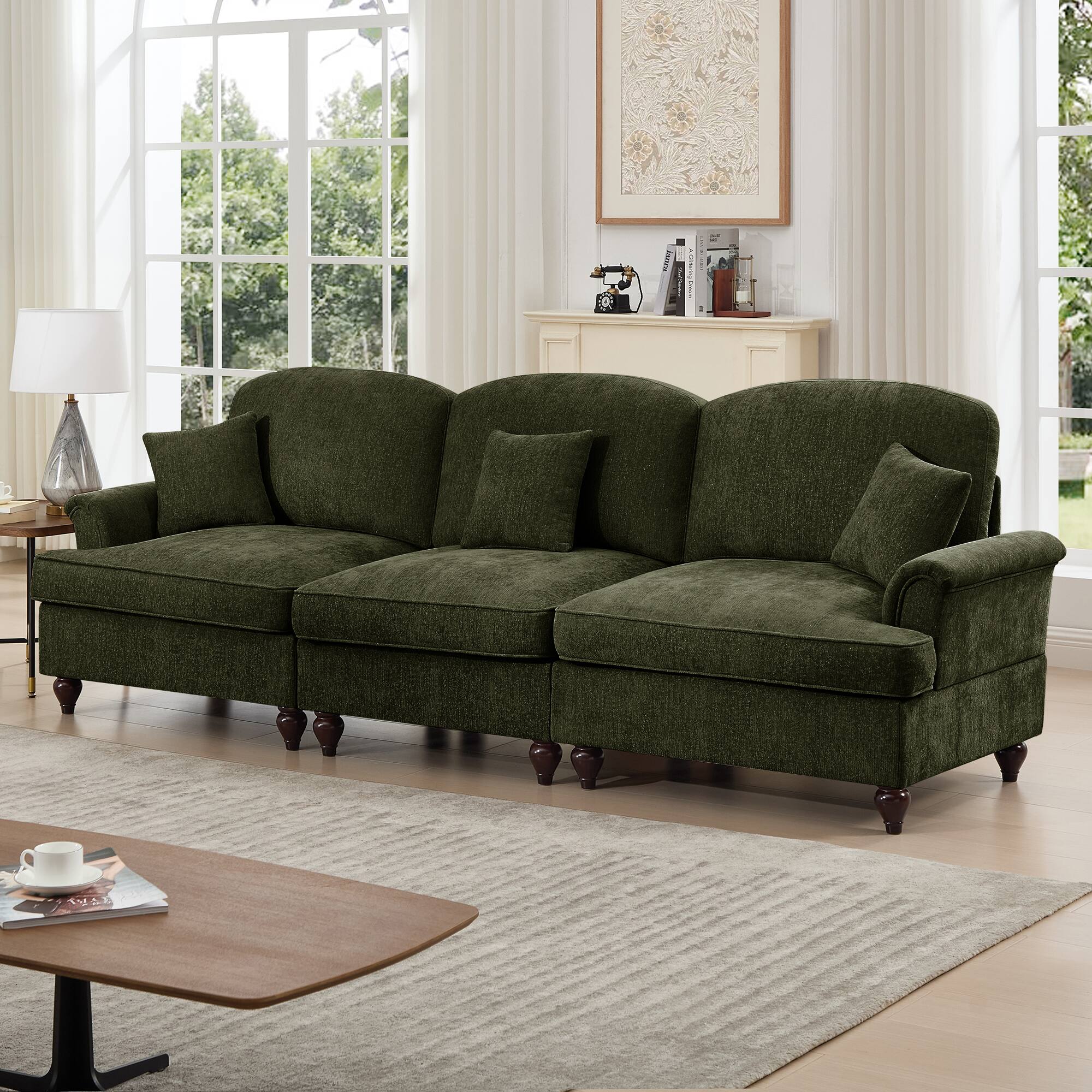 Angle. Anysun - Mid-Century Chenille 3-Seat Sofa - Flared Arms, Ruffled Skirt & Spindle Legs for Living Room - Green.