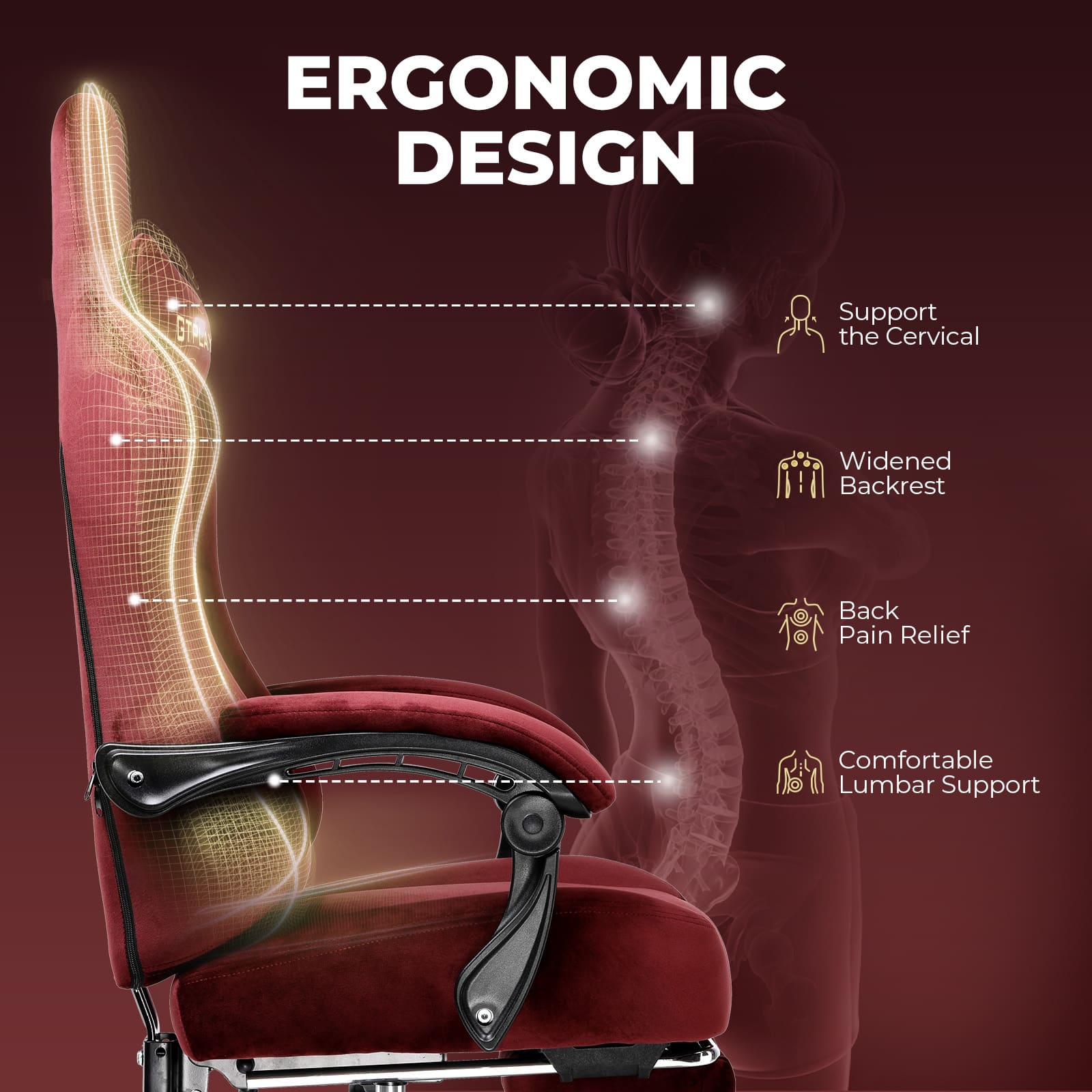 ERGONOMIC DESIGN, Support the Cervical, Widened Backrest, Back Pain Relief, Comfortable Lumbar Support