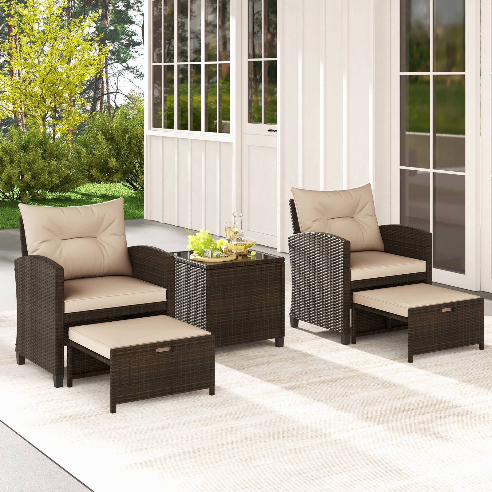 Alt View 3. Costway - Costway 5 PCS Patio Rattan Furniture with 2 Wicker Ottomans & Tempered Glass Coffee Table - Mix Brown + Beige.