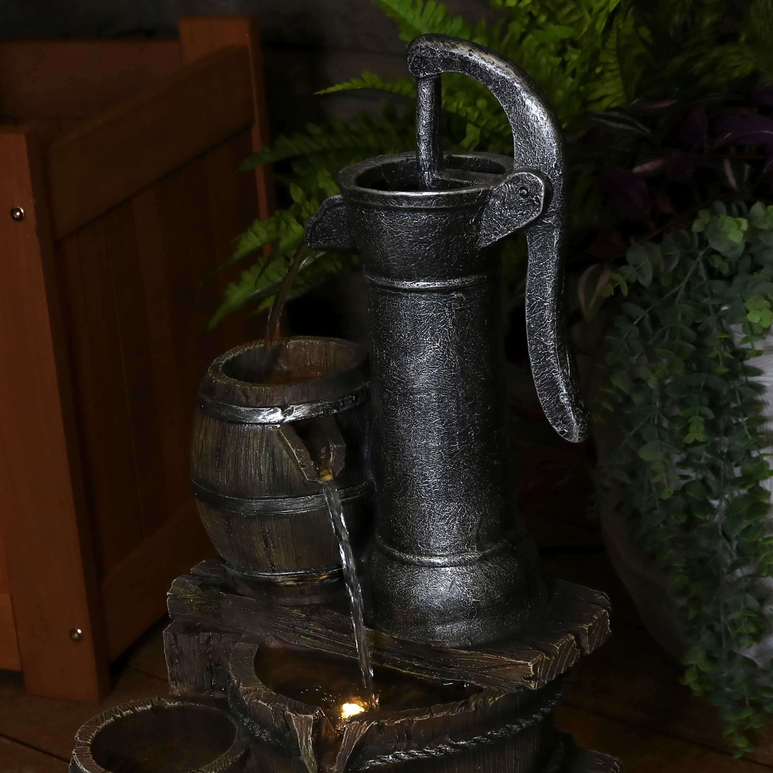 Alt View 4. Sunnydaze - Cozy Farmhouse Pump/Barrel Water Fountain with LED Lights - 23 in - Brown.