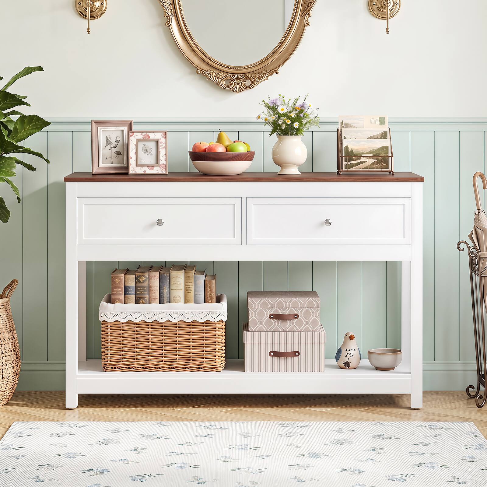 Alt View 4. Gymax - Gymax 47'' Farmhouse Console Table w/2 Drawers & Open Storage Shelf Anti-Topping Kits Brown & White - White.