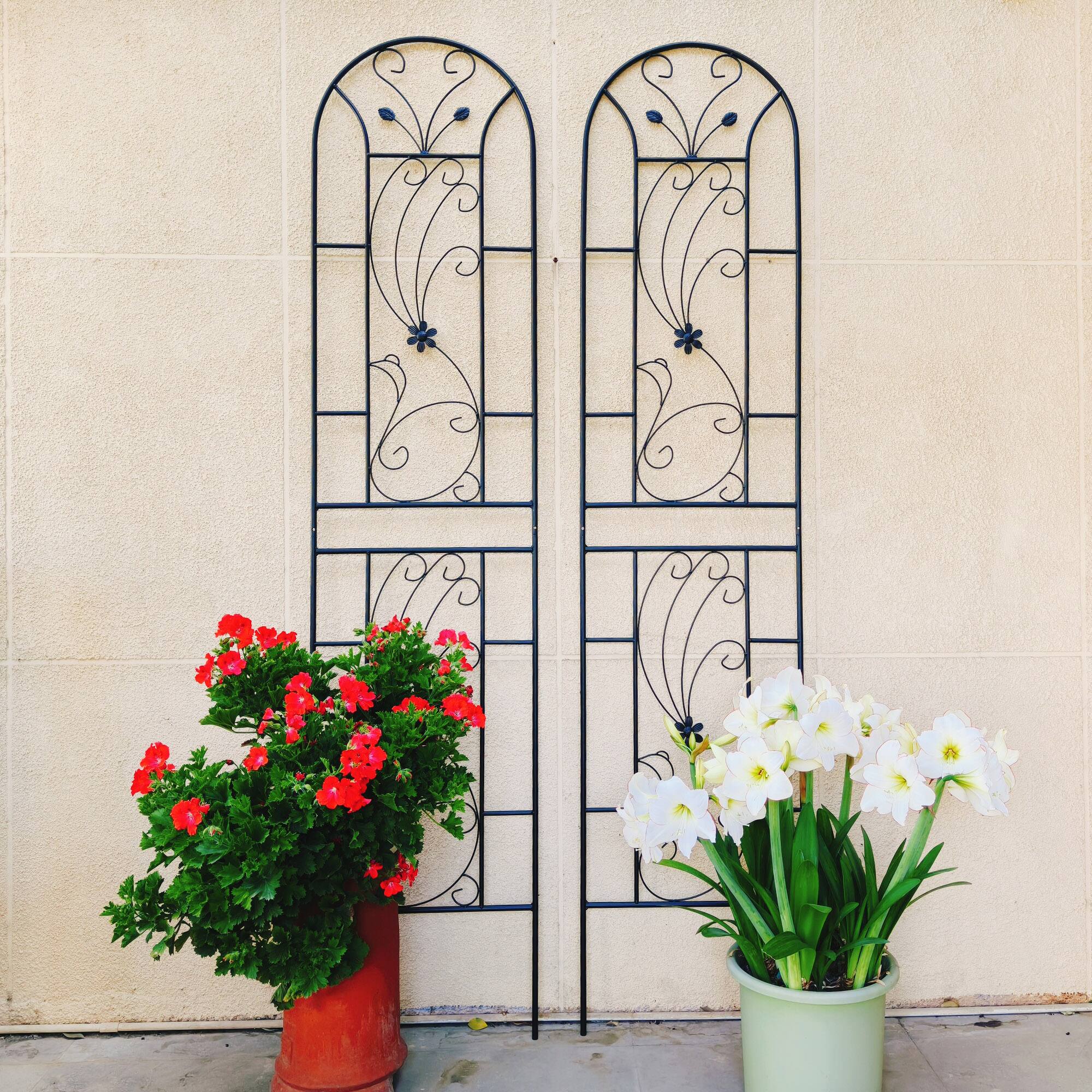 Alt View 4. Loheer - 2-Pack Rustproof Metal Garden Trellis 7.2 ft x 1.6 ft, Peacock Style Plant Support - Black.